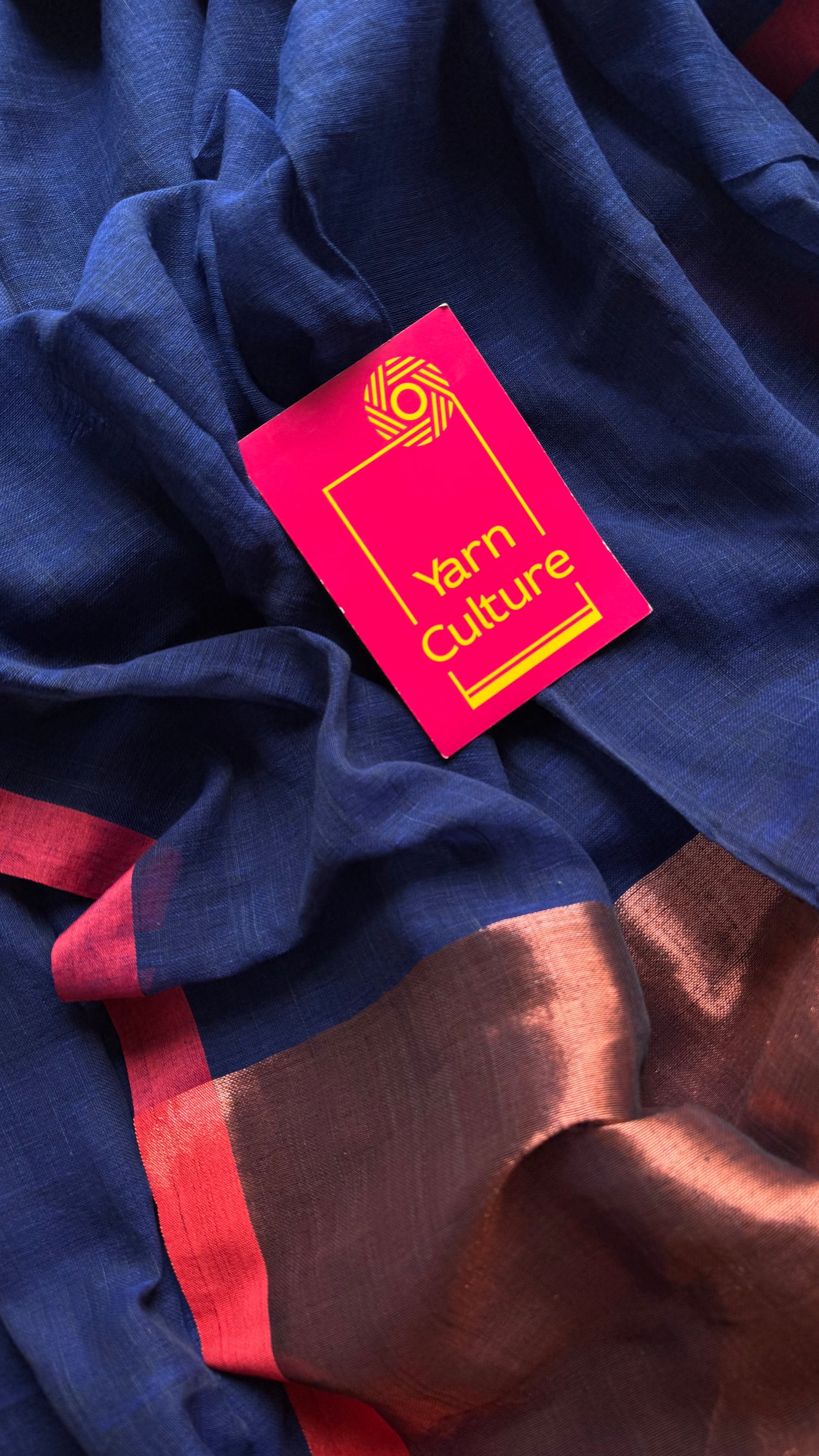 Dark blue plain linen by cotton saree with copper zari pallu - YCBCLCFE395