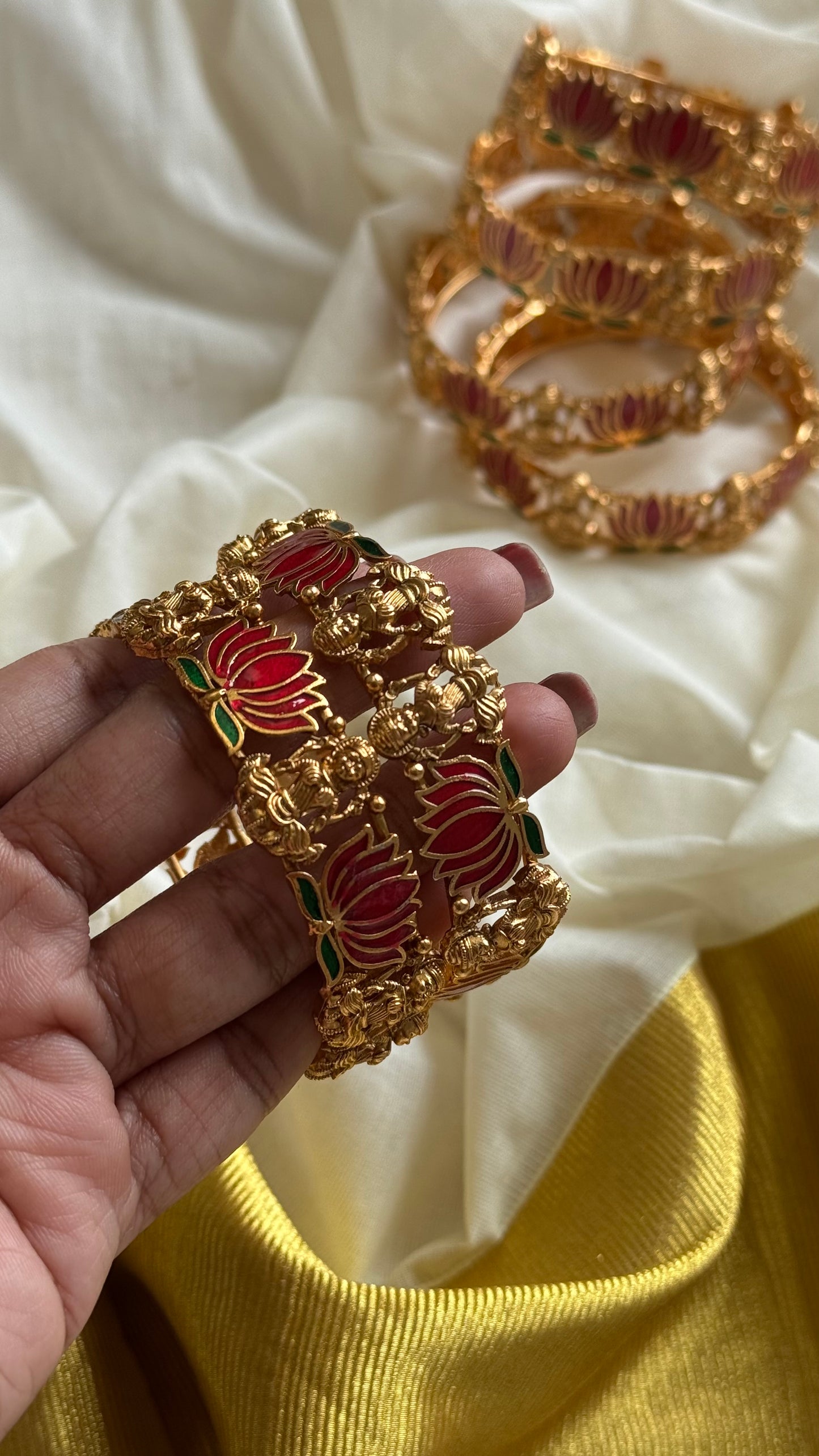 Dark pink with green lotus bangles (set of 2) - YCAGBG98