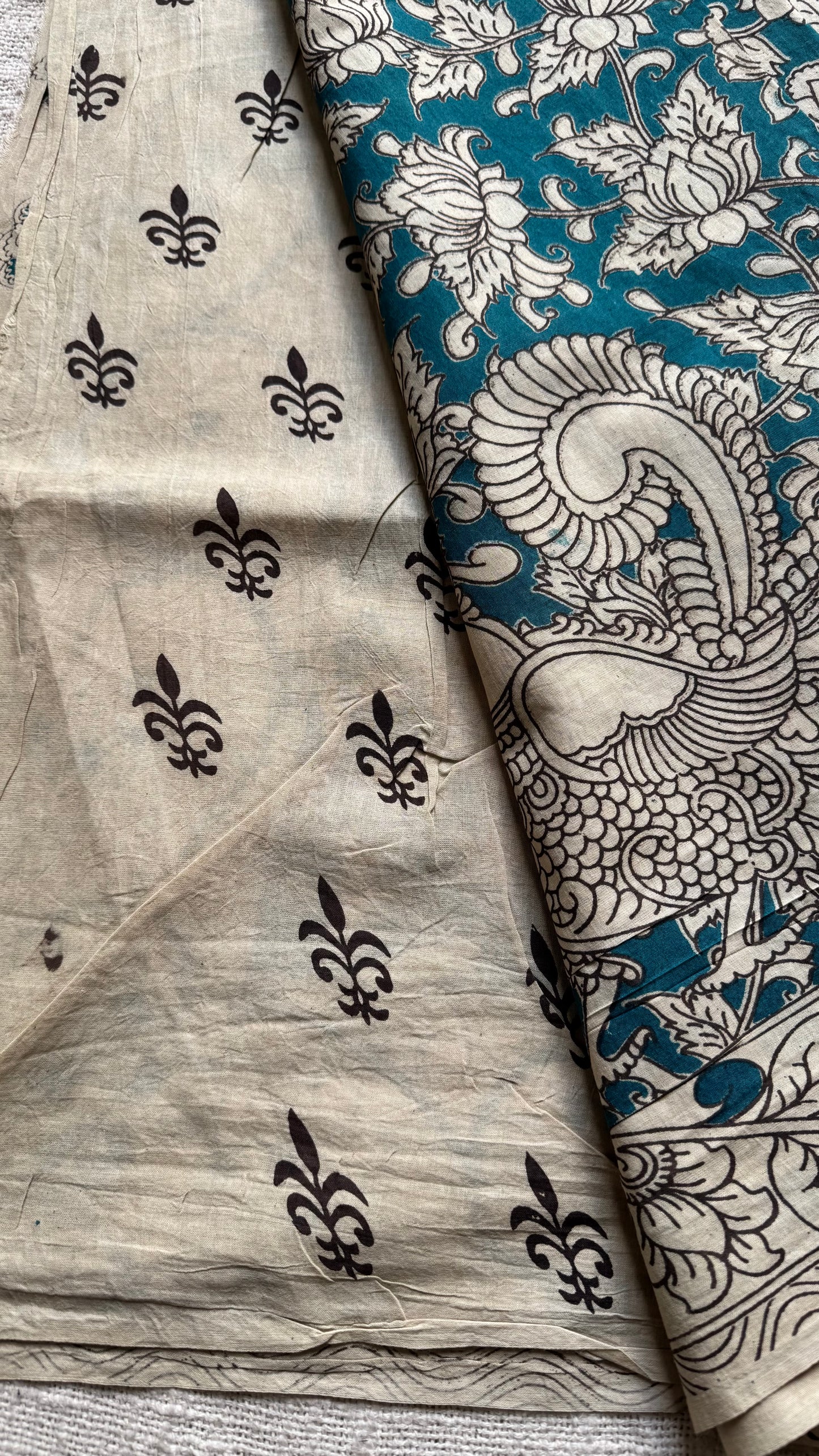 Teal with beige kalamkari, floral vines, soft cotton - YCWOTDOCMP89