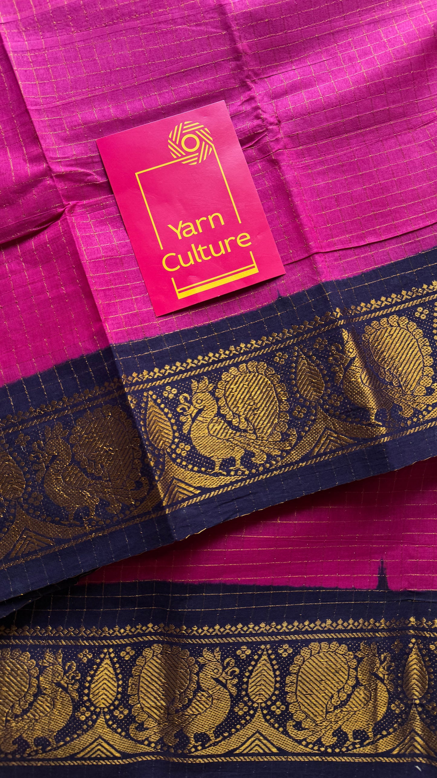 Dark hot pink with dark blue checkered sungudi, madurai cotton - YCCOTNOCSC22