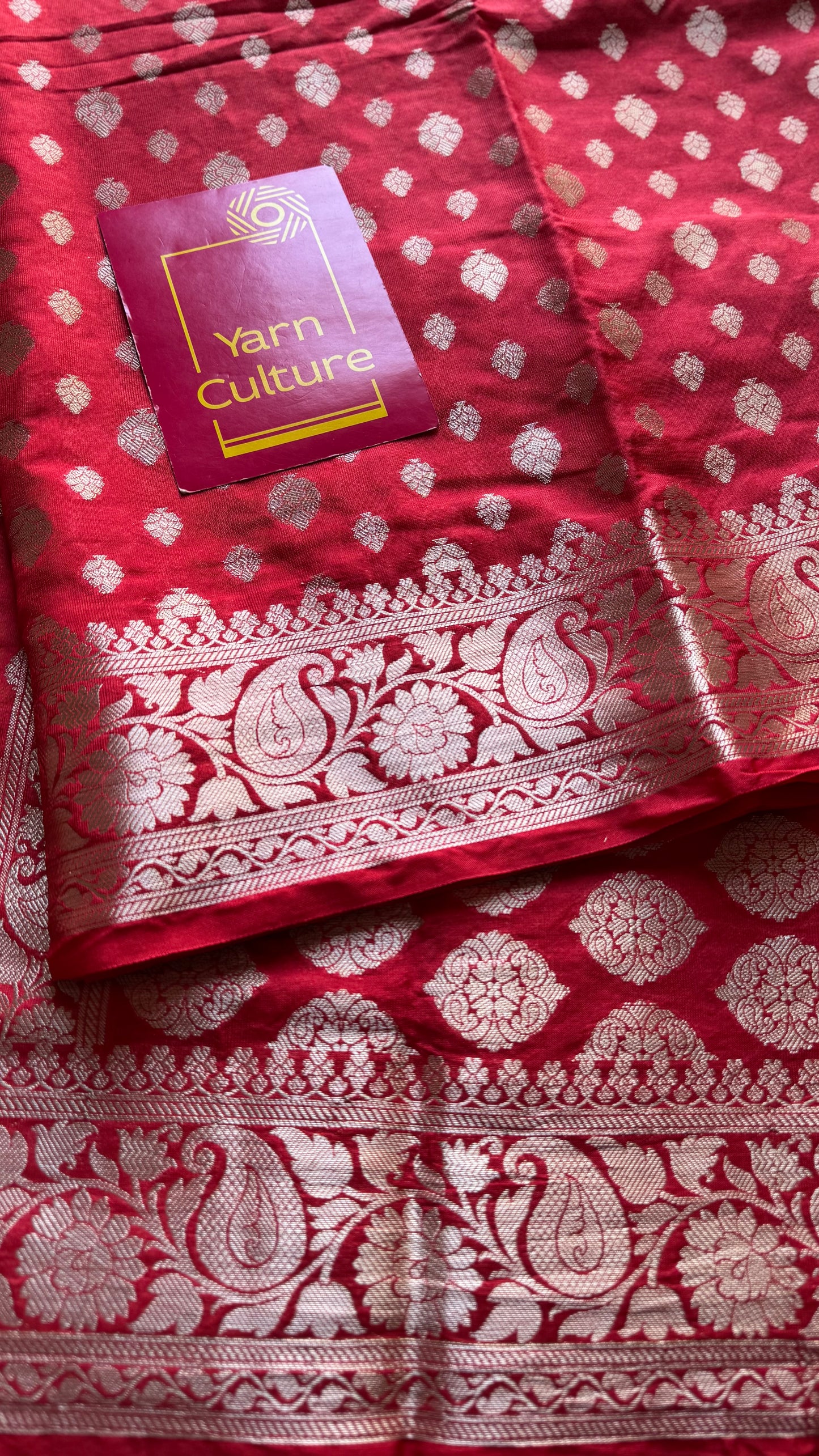 Chilli red, silver buttas and zari, Banarasi semi-silk - YCDESE37