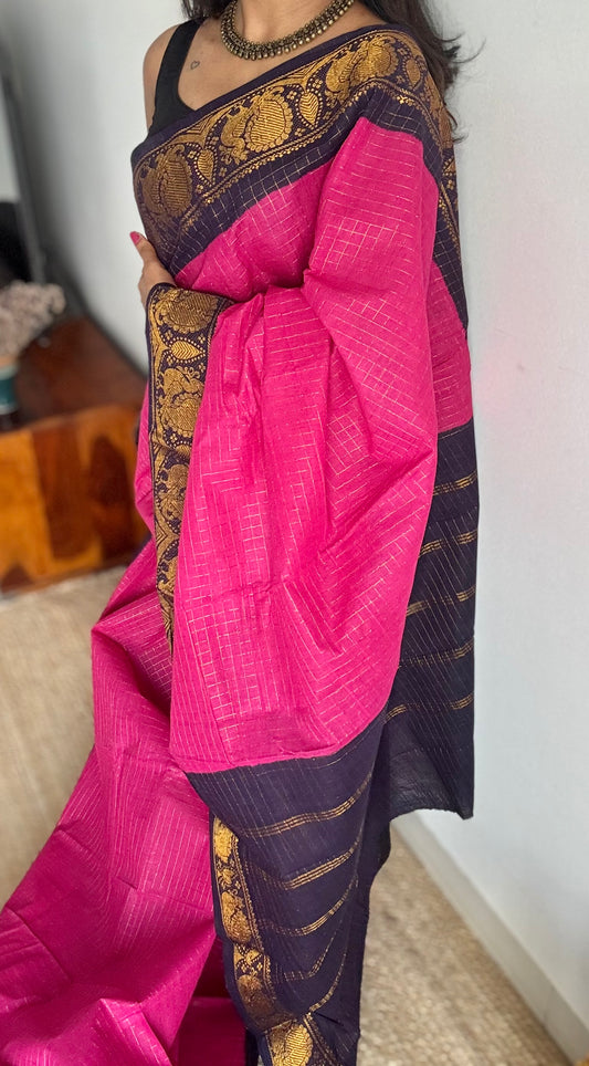 Dark hot pink with dark blue checkered sungudi, madurai cotton - YCCOTNOCSC22
