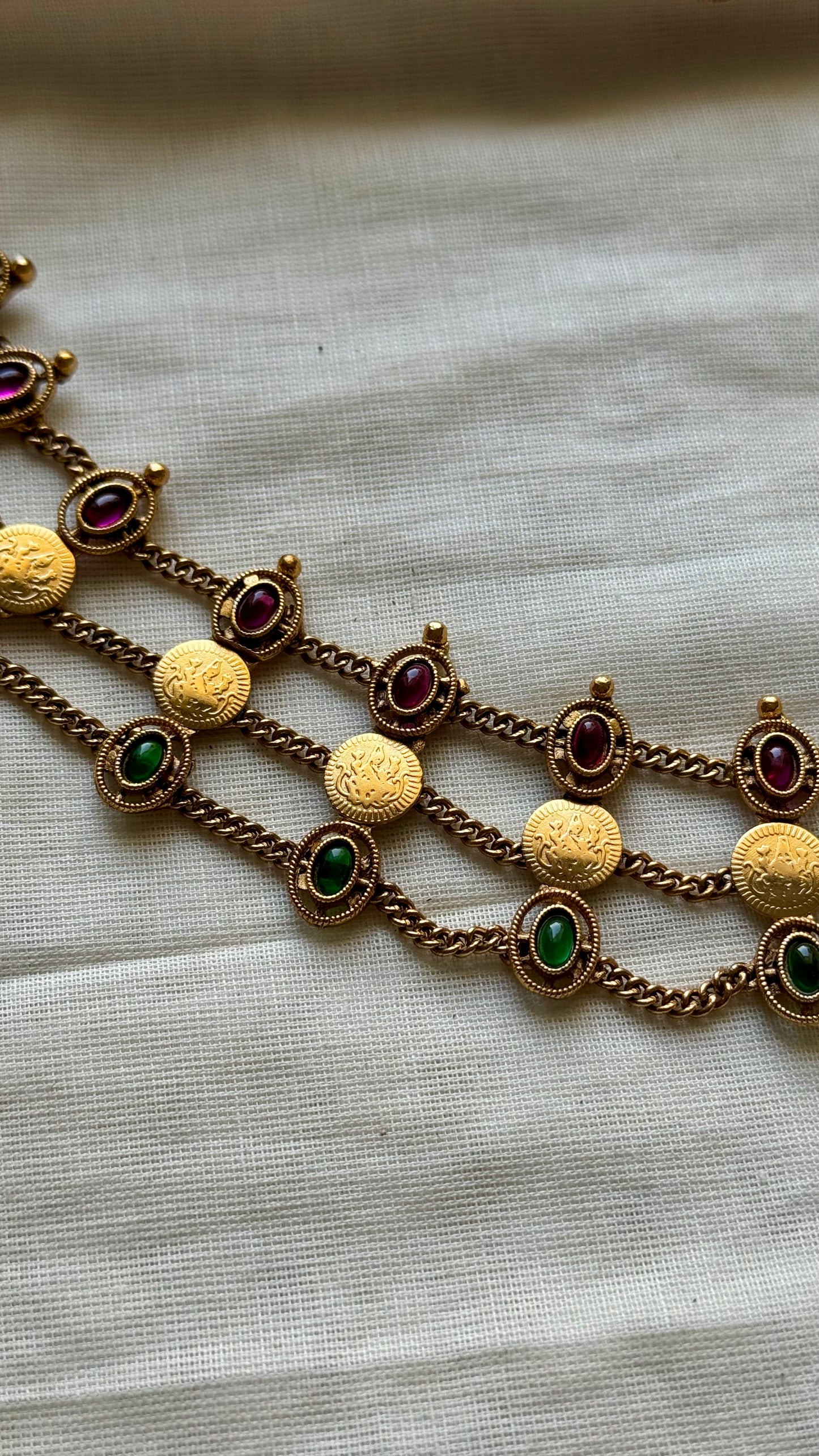 Antique gold three layered coin choker neckpiece, ruby and green stones, with earrings - YCAGNP259