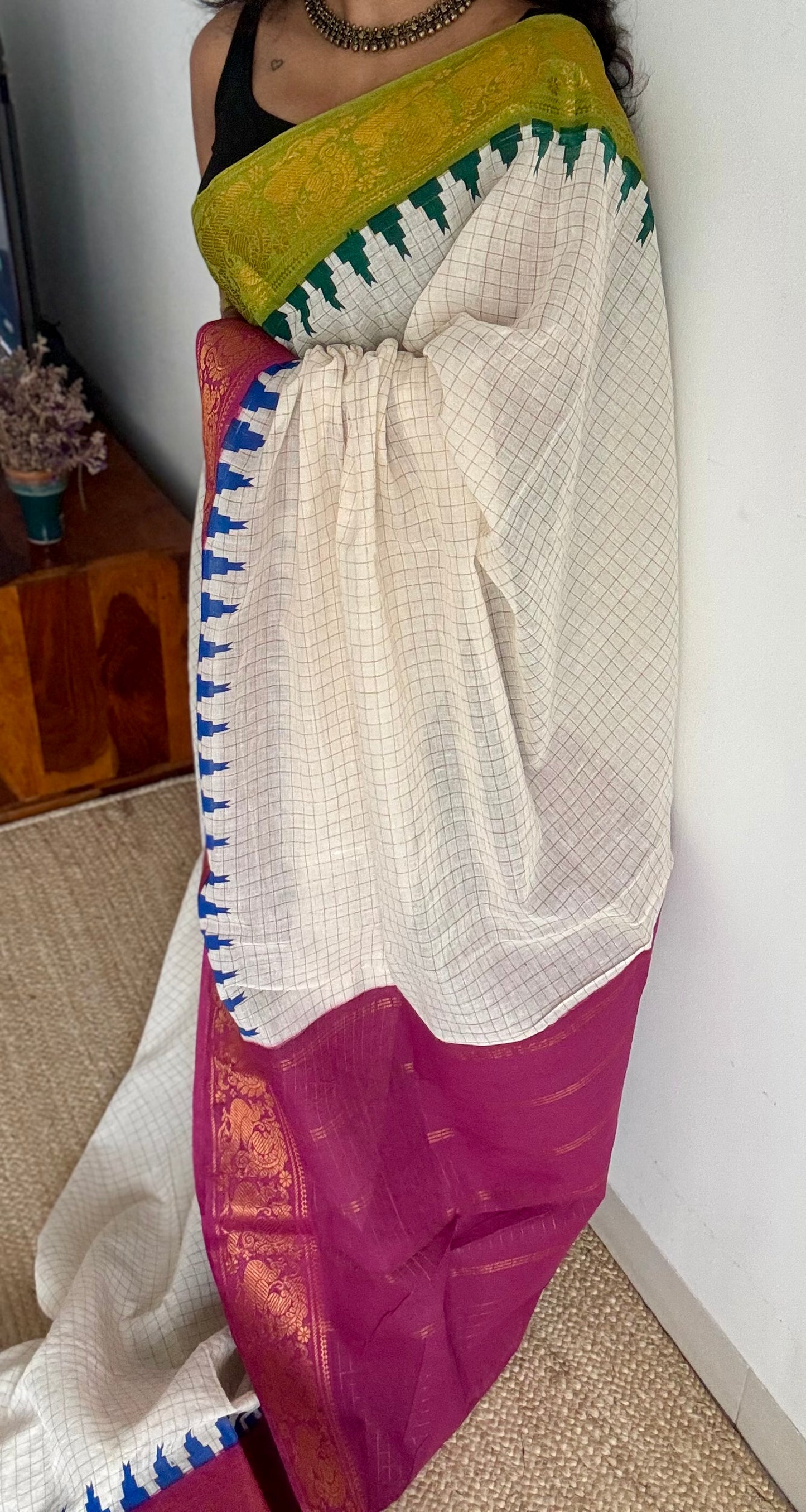 Sungudi cotton checks, ivory gold base, green and magenta dual tone border, soft cotton - YCCOTNSEMS60