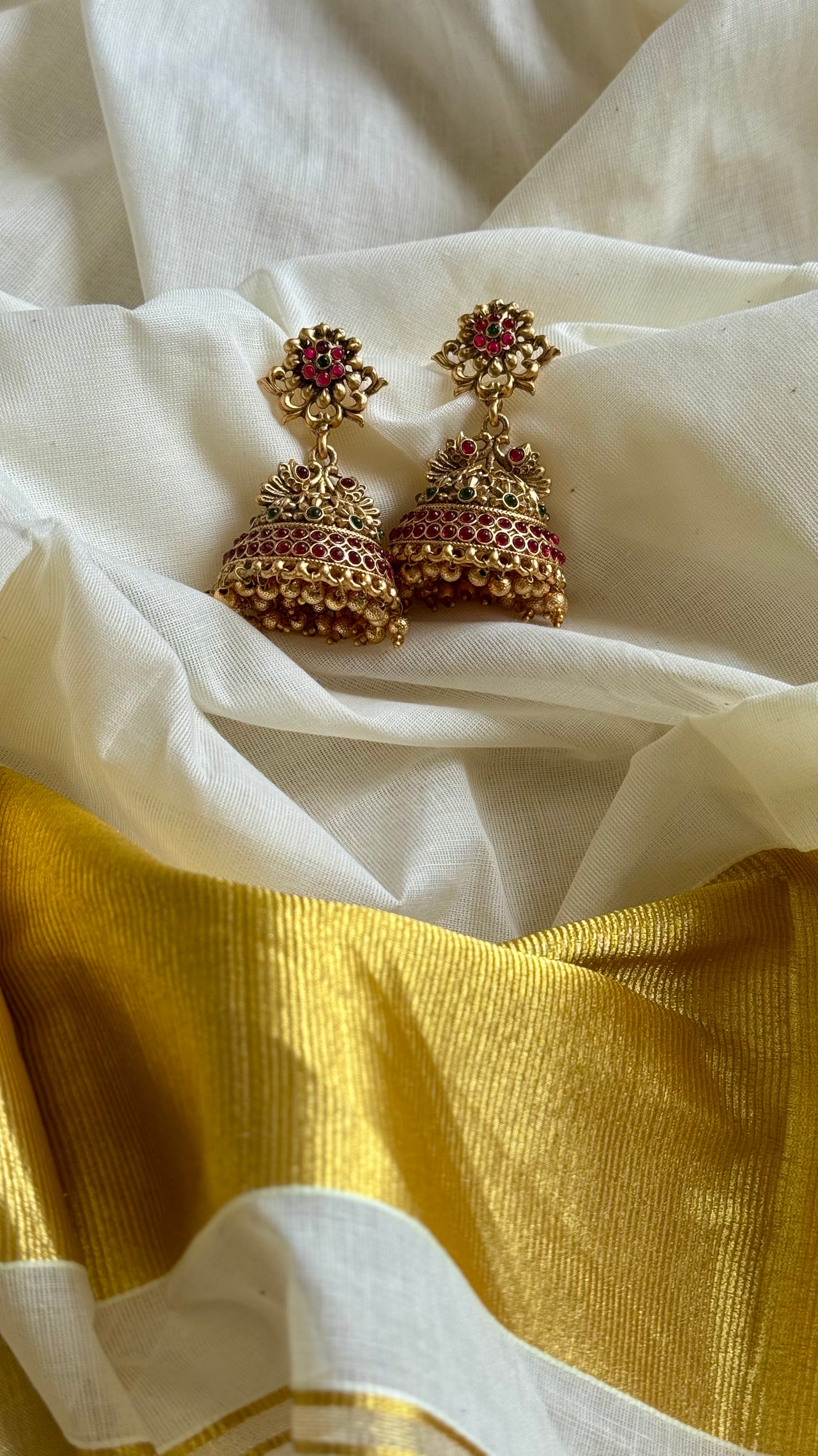 Dark pink and green stoned jhumka with gold bead drops, antique gold - YCAGJK96