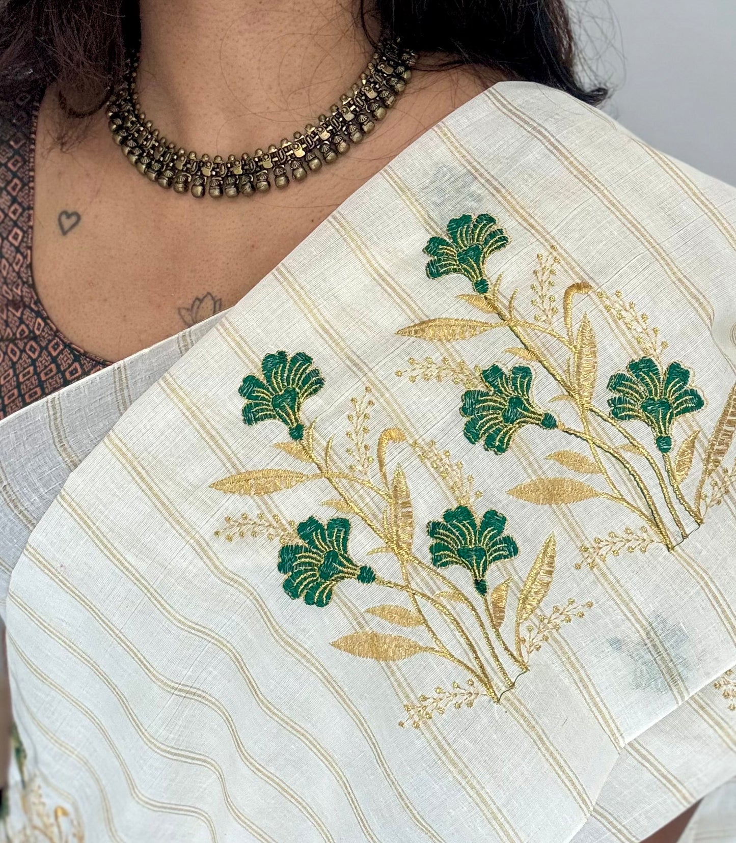 Ivory and gold with green flower embroidery, striped zari, kerala cotton - YCON25KCSFE260