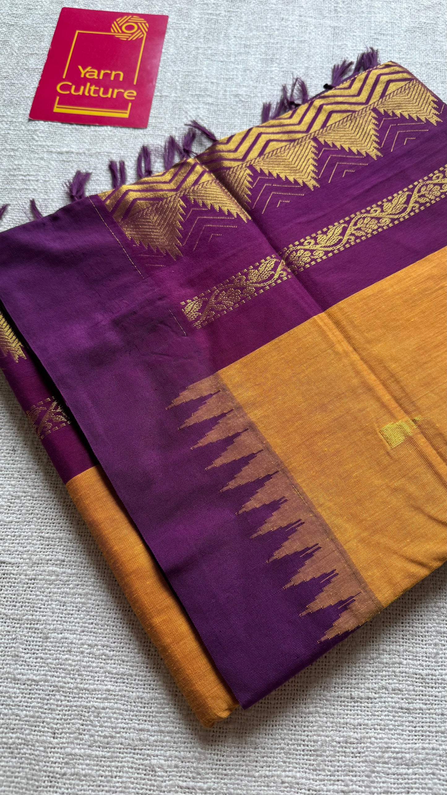Yellow with purple pink temple border, motifs - cotton silk - YCCOTNSEKCS17