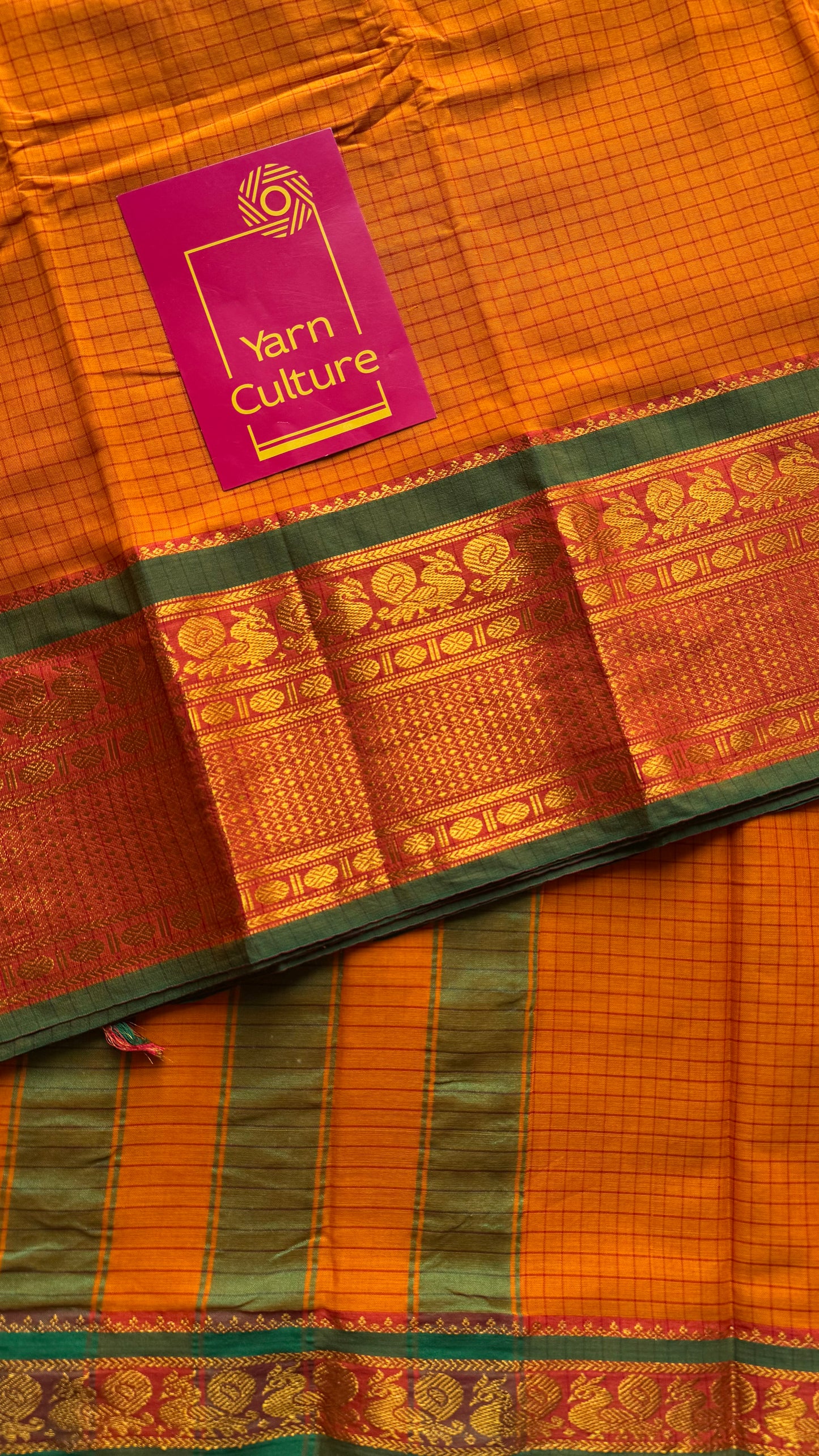 Yellowish orange checks with zari border, premium narayanpet, soft cotton - YCWOTDOCNP02