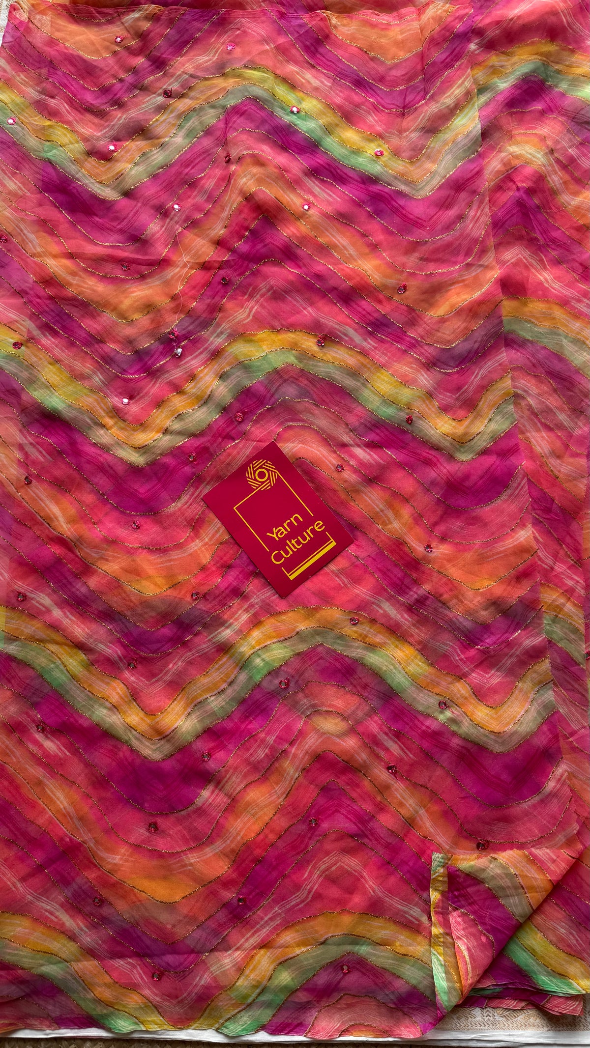 Pink multicoloured leheriya chiffon saree with mirror work - YCTORLOC98