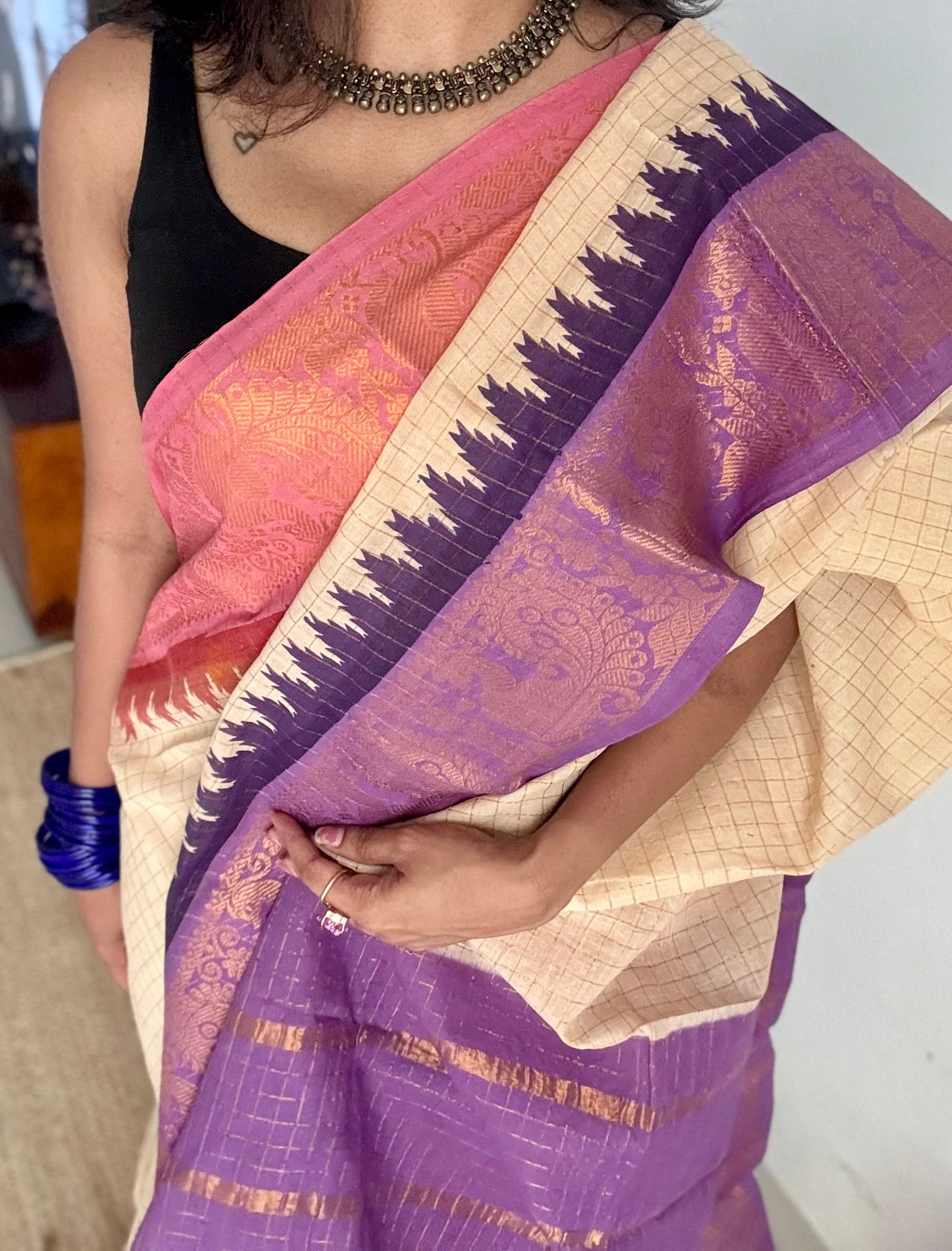 Pink - violet sungudi cotton checks, sandal colour base, soft cotton - YCCOTNJSUN03