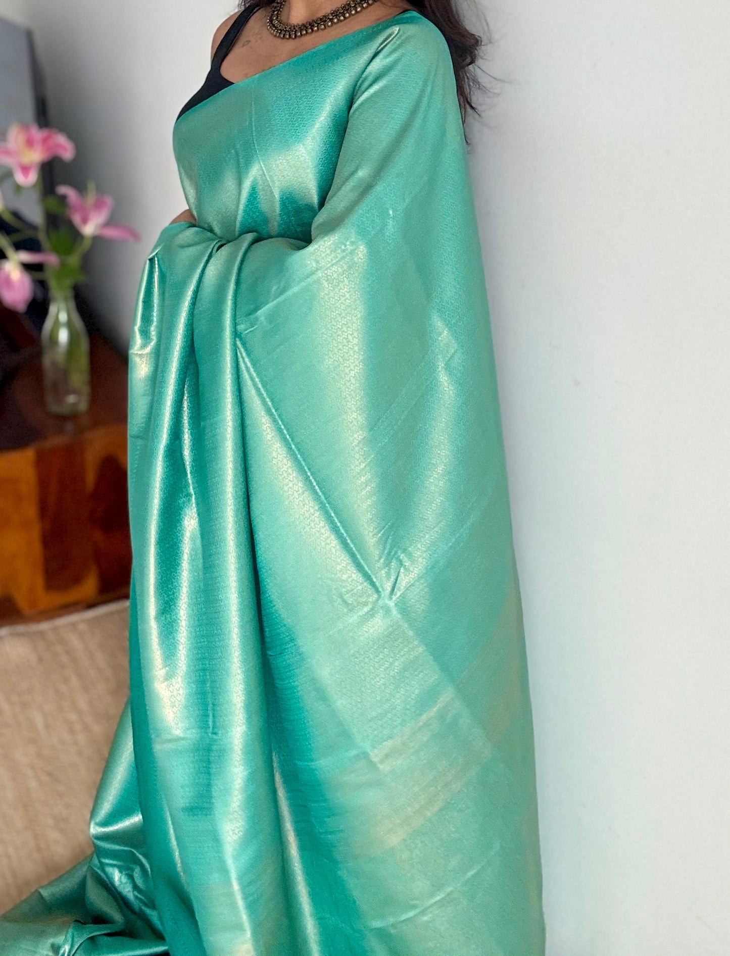 Firozi blue, antique gold zari, semi -silk - YCDOSOCSS03
