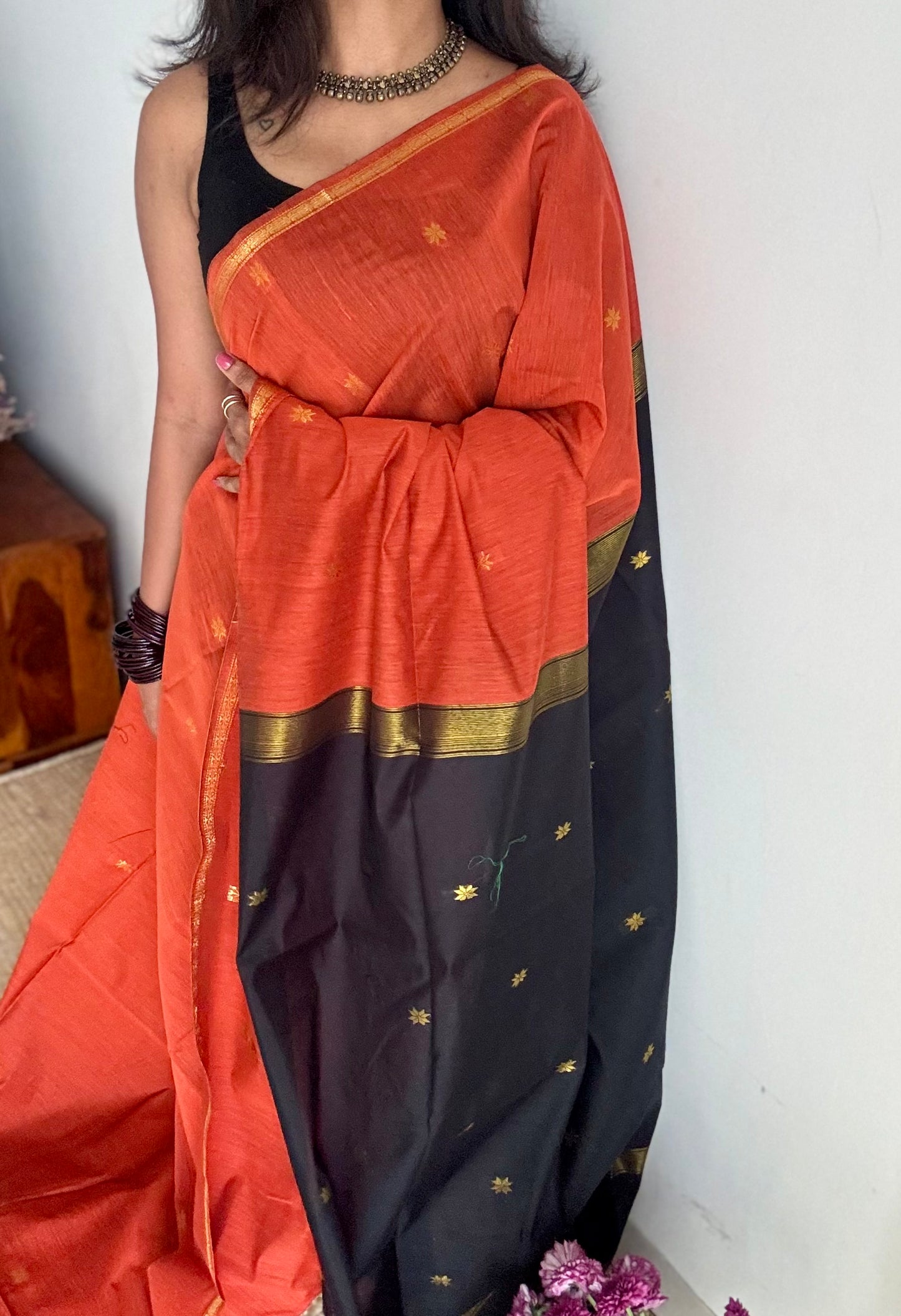 Orange with black, gold buttas, semi maheshwari cotton silk - YCCOTNFEJUSM01