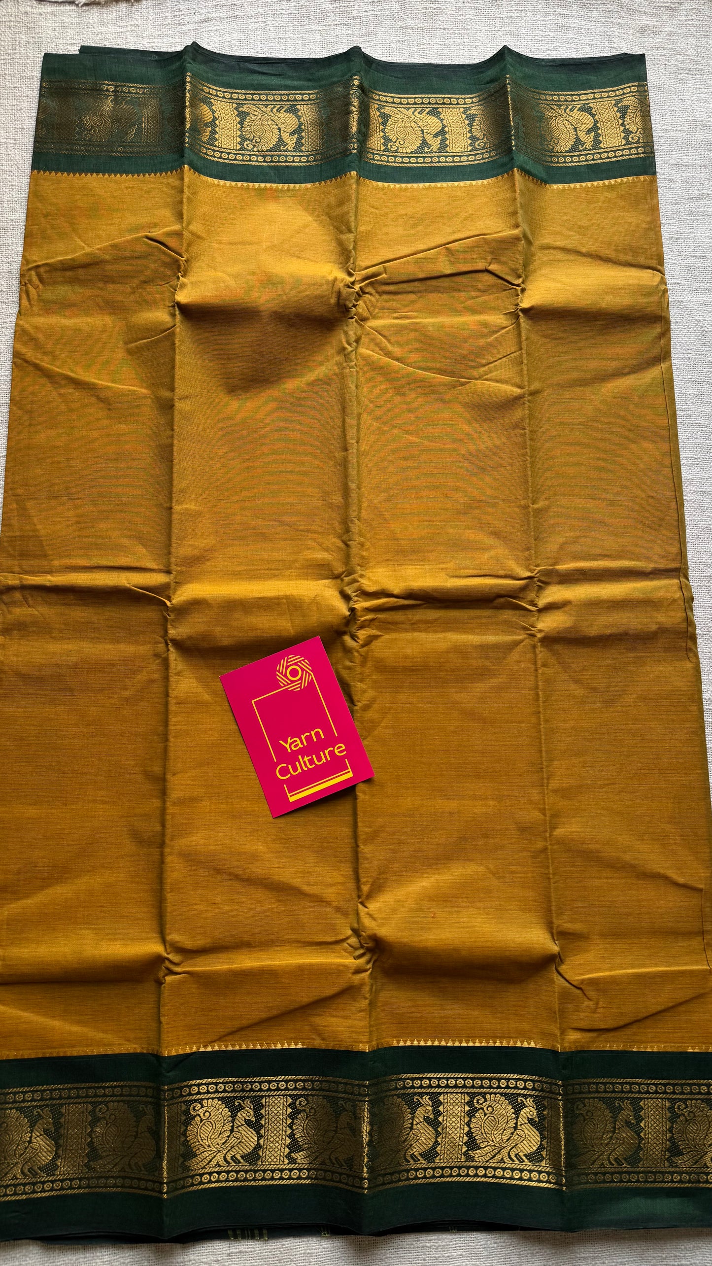 Brownish yellow with green contrast border, chettinad cotton - YCCOTNOCCC01