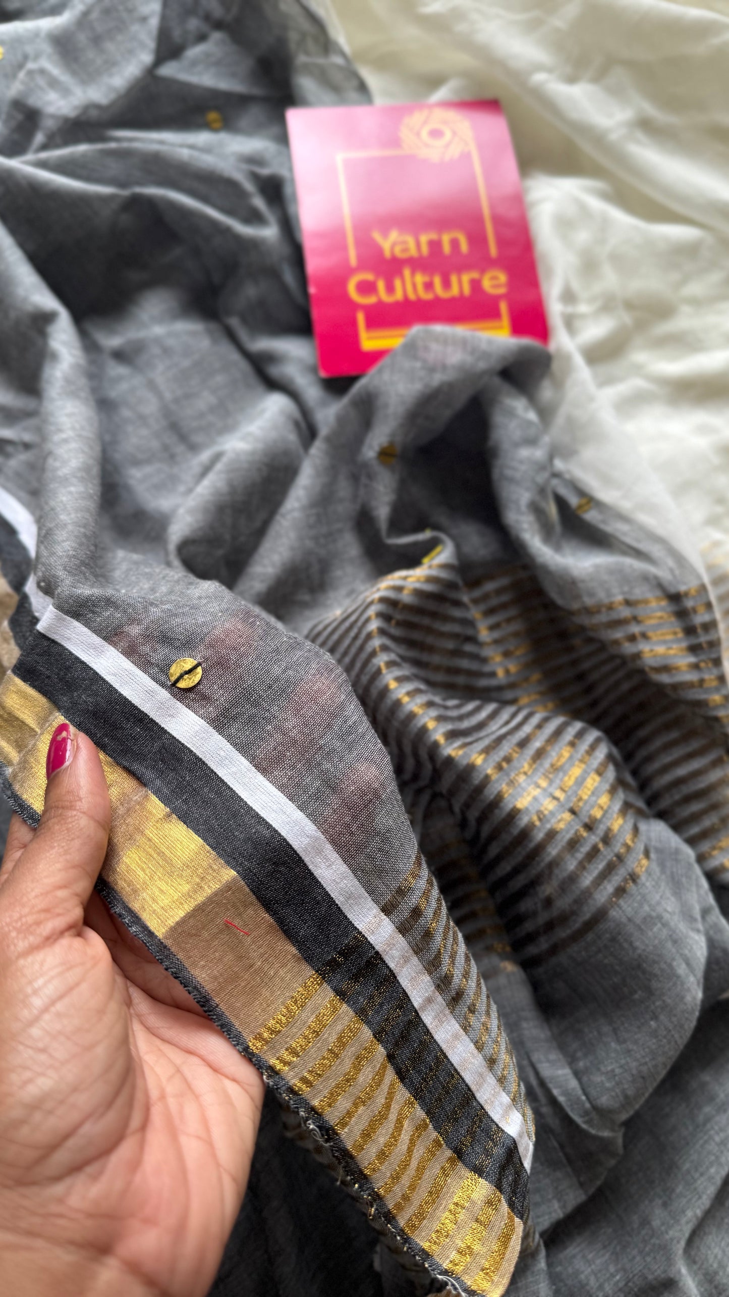 Ivory with dark grey with sequins and antique gold zari border, mul cotton - YCONBCM240