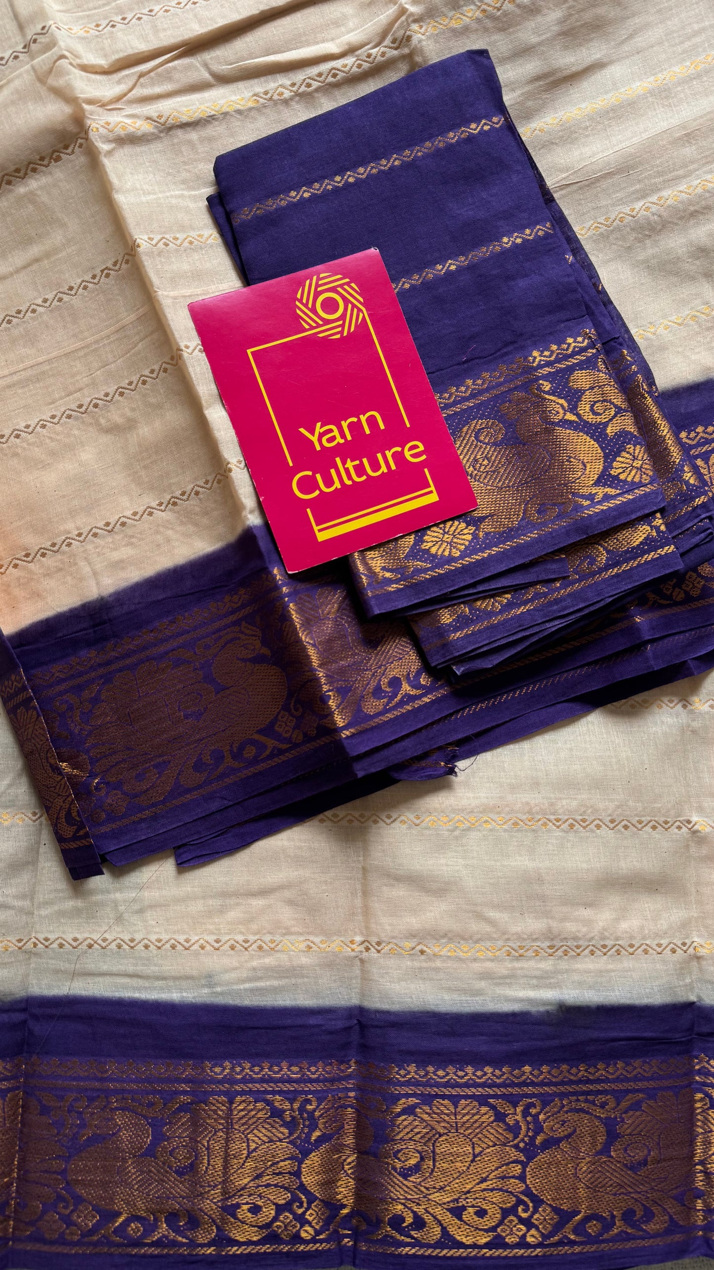Cream with purple, peacock motif border - madurai kattuchayam dyed - YCCOTNAUS20