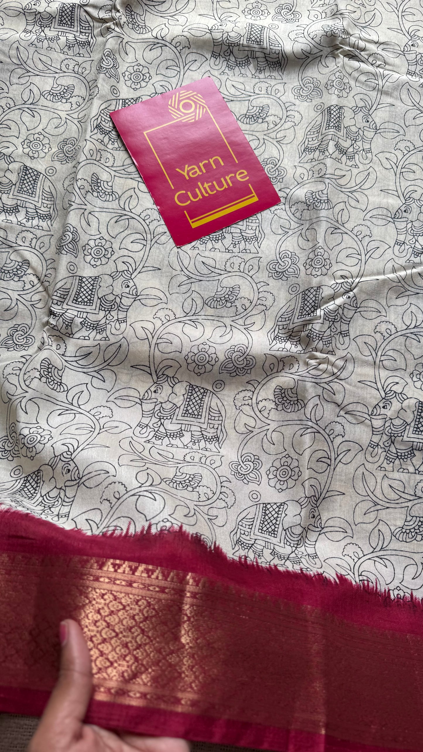 White and red contrast, printed kalamkari, semi-tussar - YCWOTDSTK03
