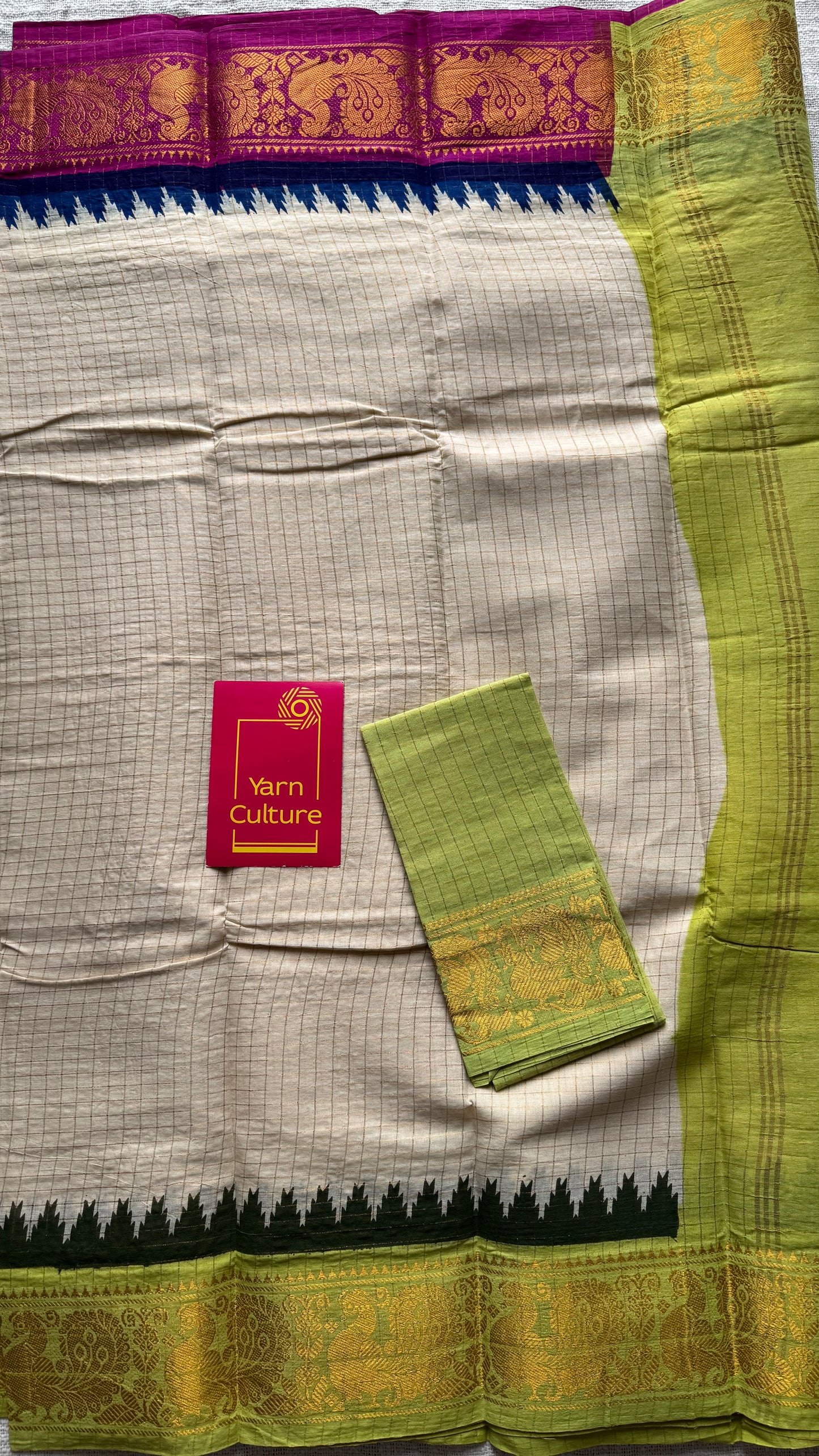 Magenta - bright green sungudi cotton checks, sandal colour base, soft cotton - YCCOTNJSUN07