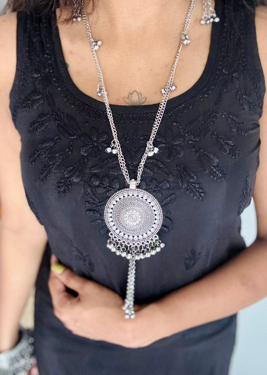 Long neckpiece with round pendant, ghungroo, oxidised silver - YCOSNP482