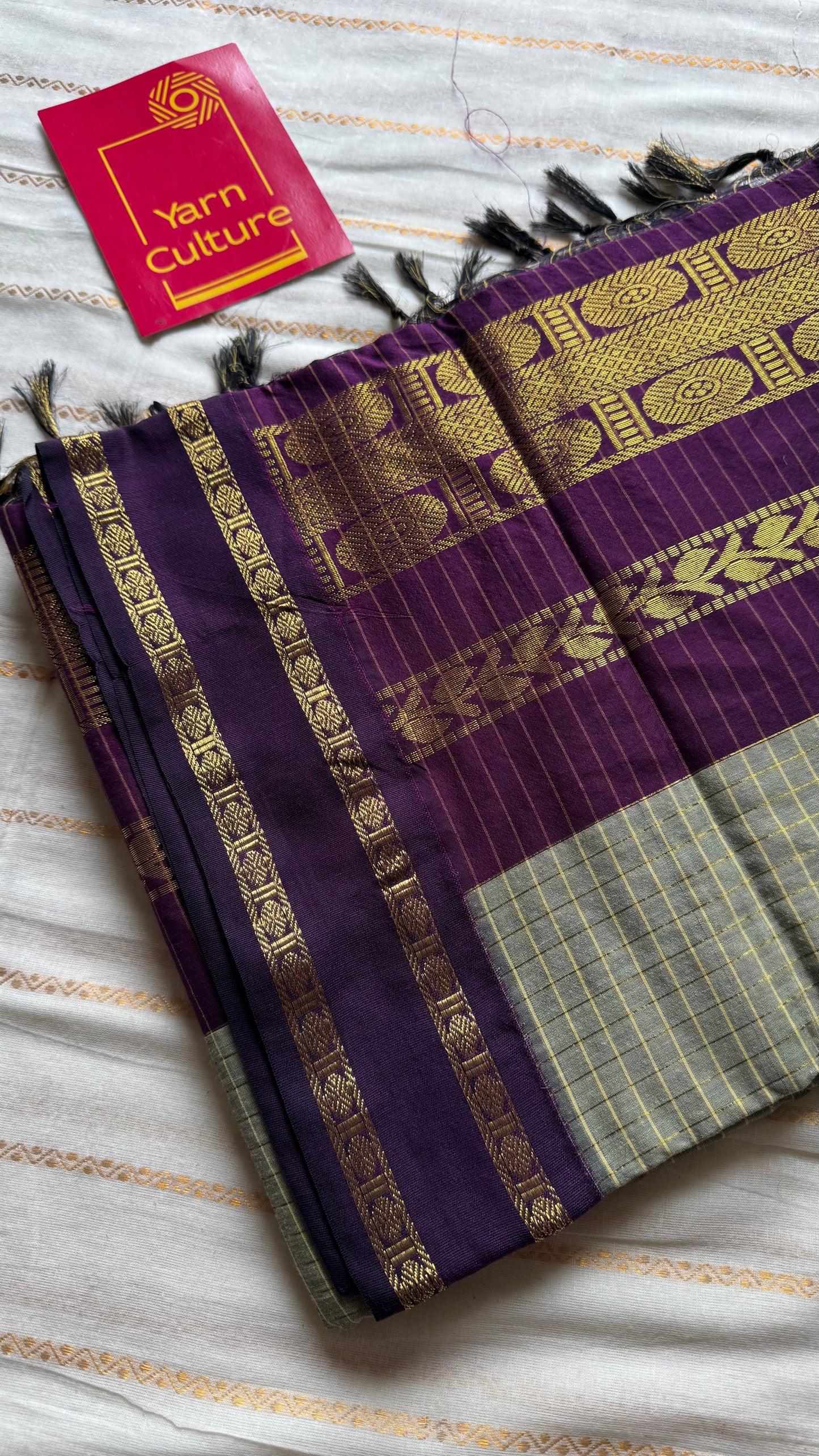 Grey with wine contrast arani checkered saree, cotton silk - YCCOTNAUG11