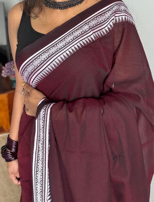 Dhonekhali handloom soft cotton saree, brown with white woven border - YCBCDFE261