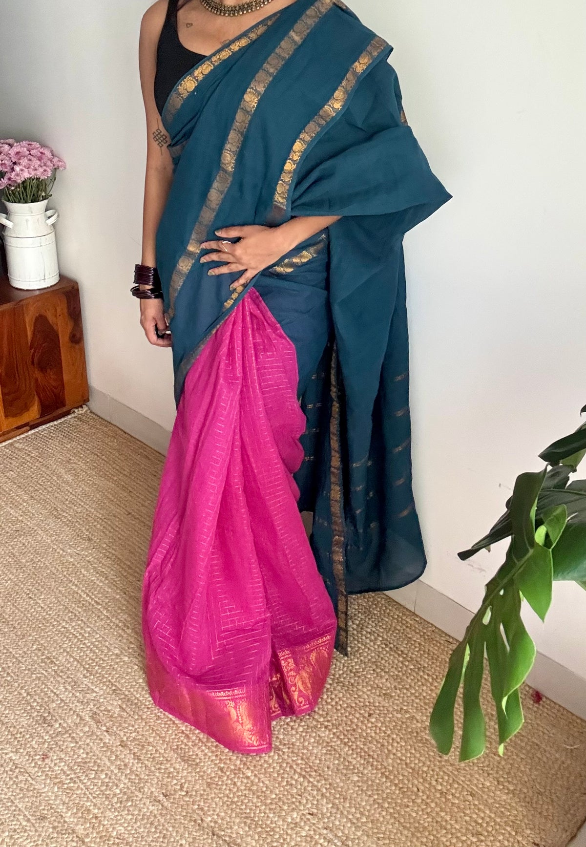 Teal with magenta, sungudi cotton half and half saree - YCCOTNIDOC156