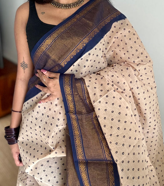 Sandal and dark blue with antique gold zari border, kattuchayam dyed madurai cotton saree - YCCOTNMSJUL12