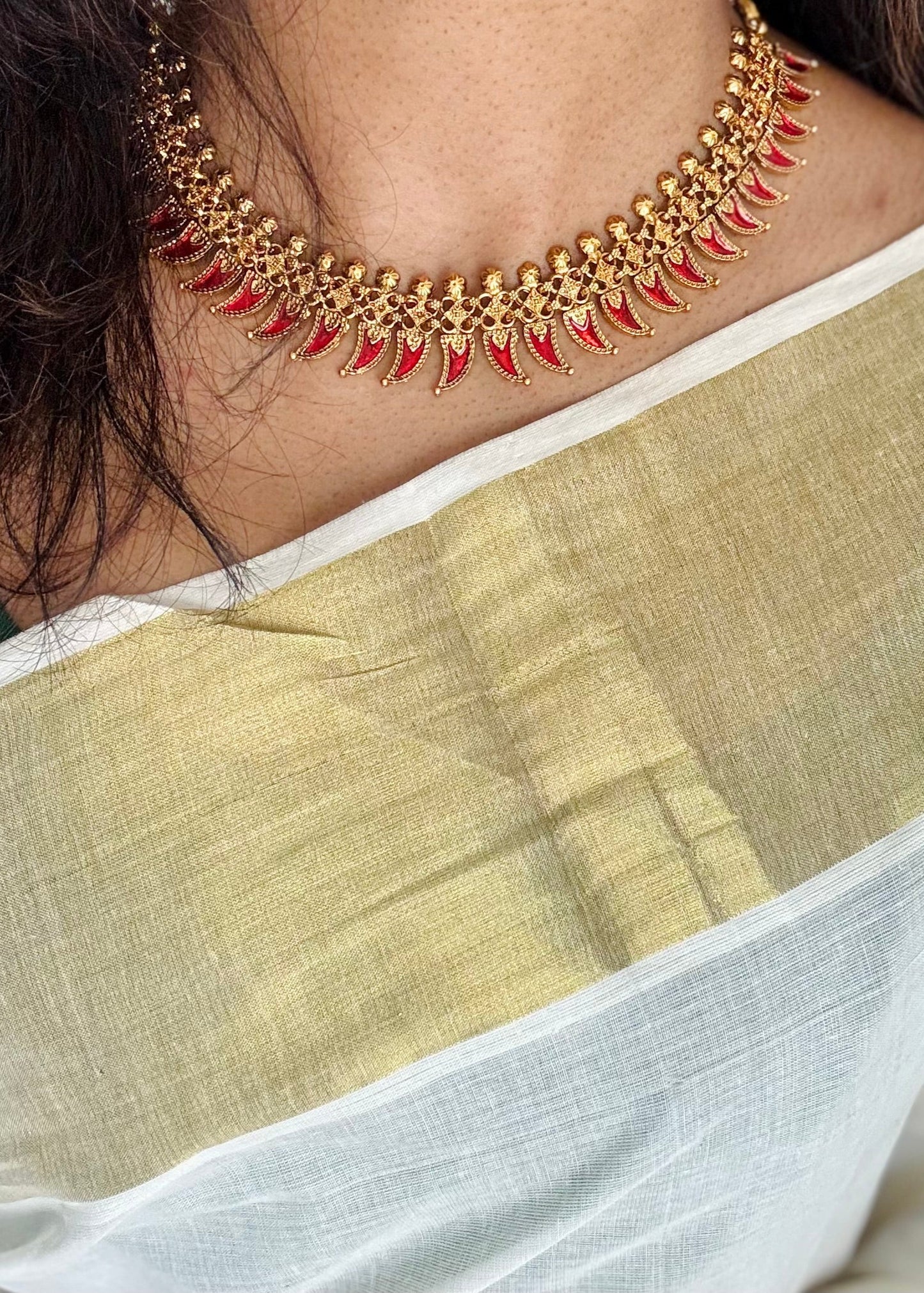 Red palakka neckpiece, with earrings - YCAGC240