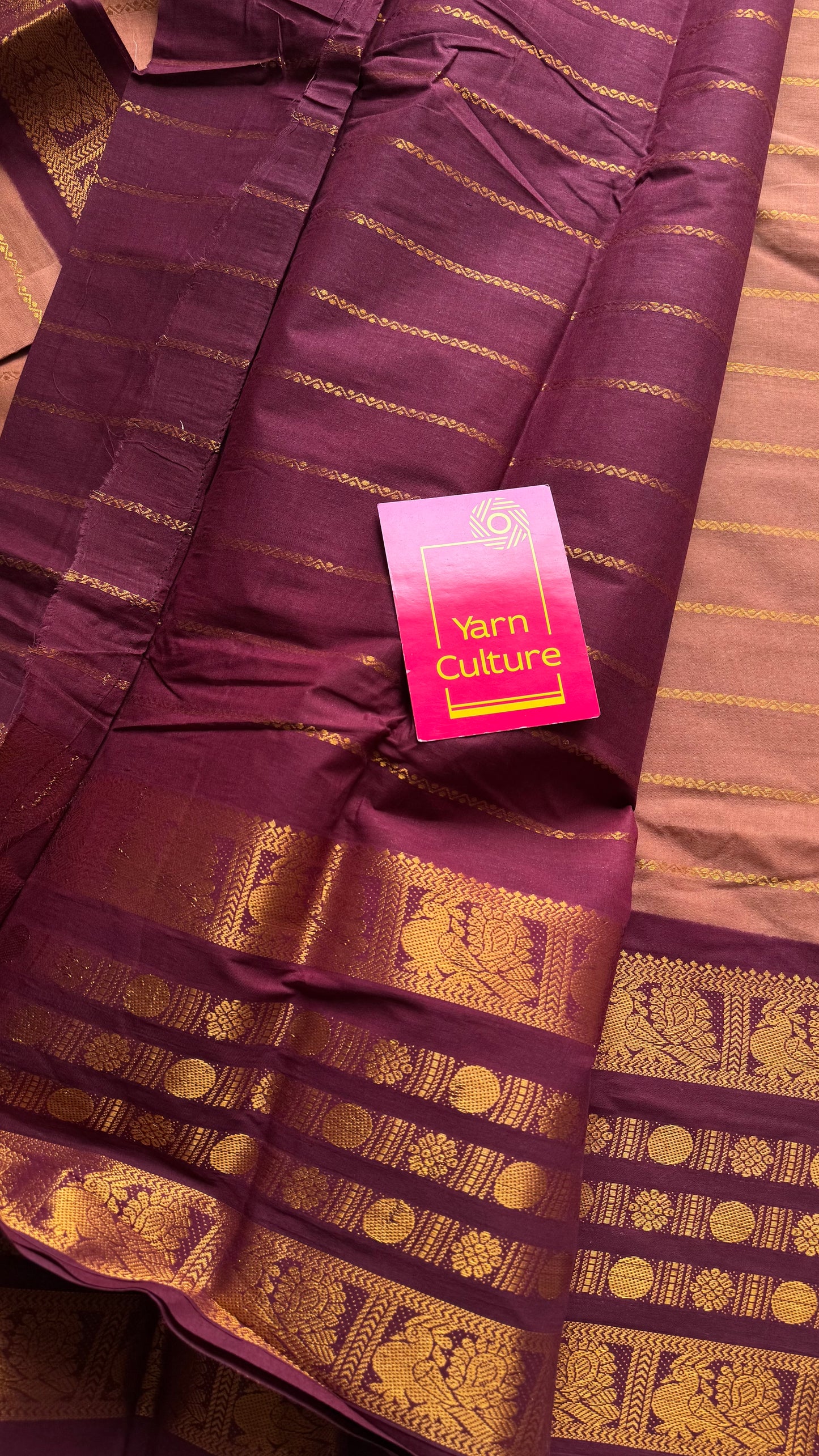 Light brown with maroon, peacock rudraksham motif, single side broad zari - madurai kattuchayam dyed - YCCOTNAUS33