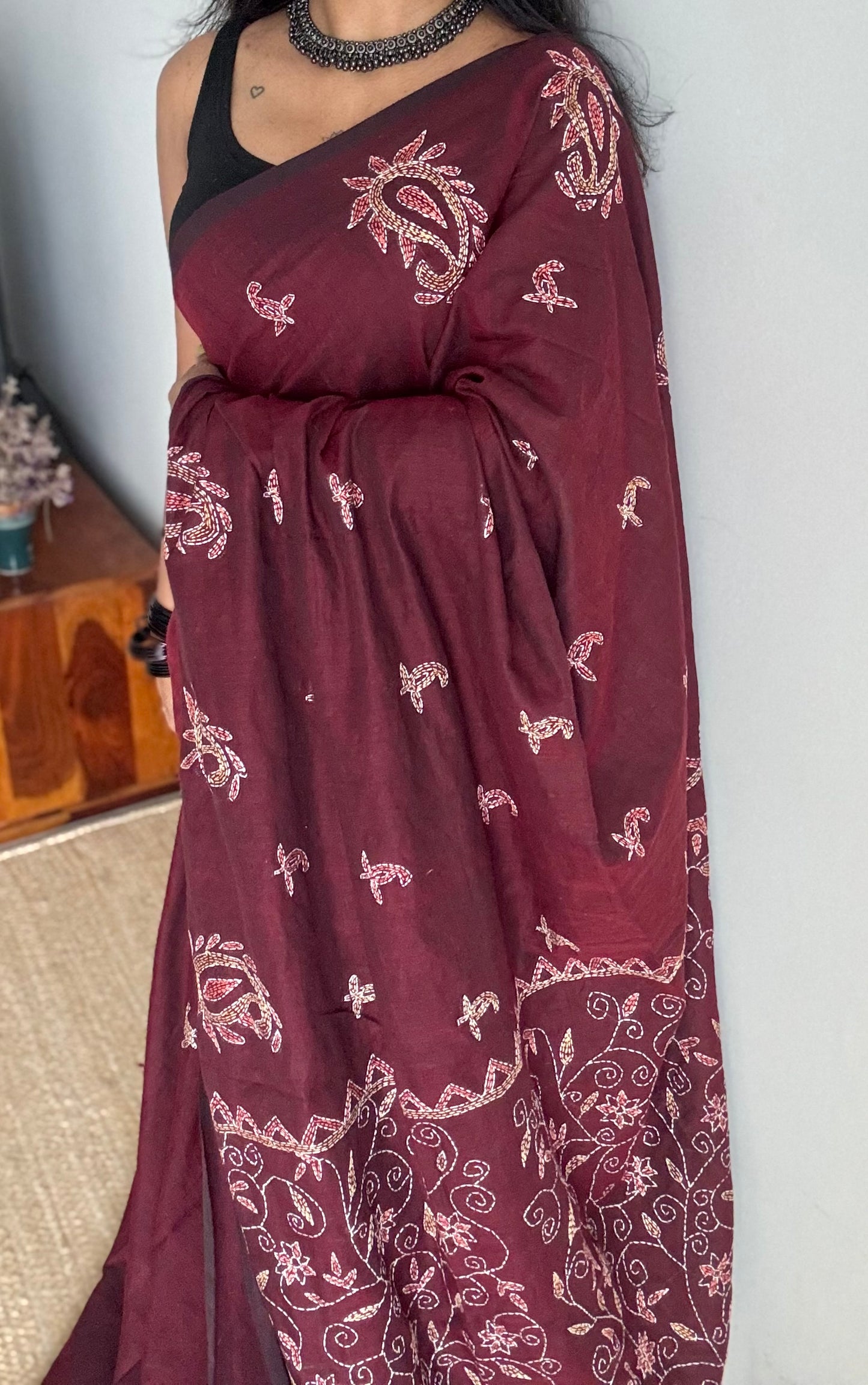 Aalta Gatha (আলতা গাথা) - Tale of Aalta, maroon kantha weave in soft khadi cotton - YCBCSEKC02