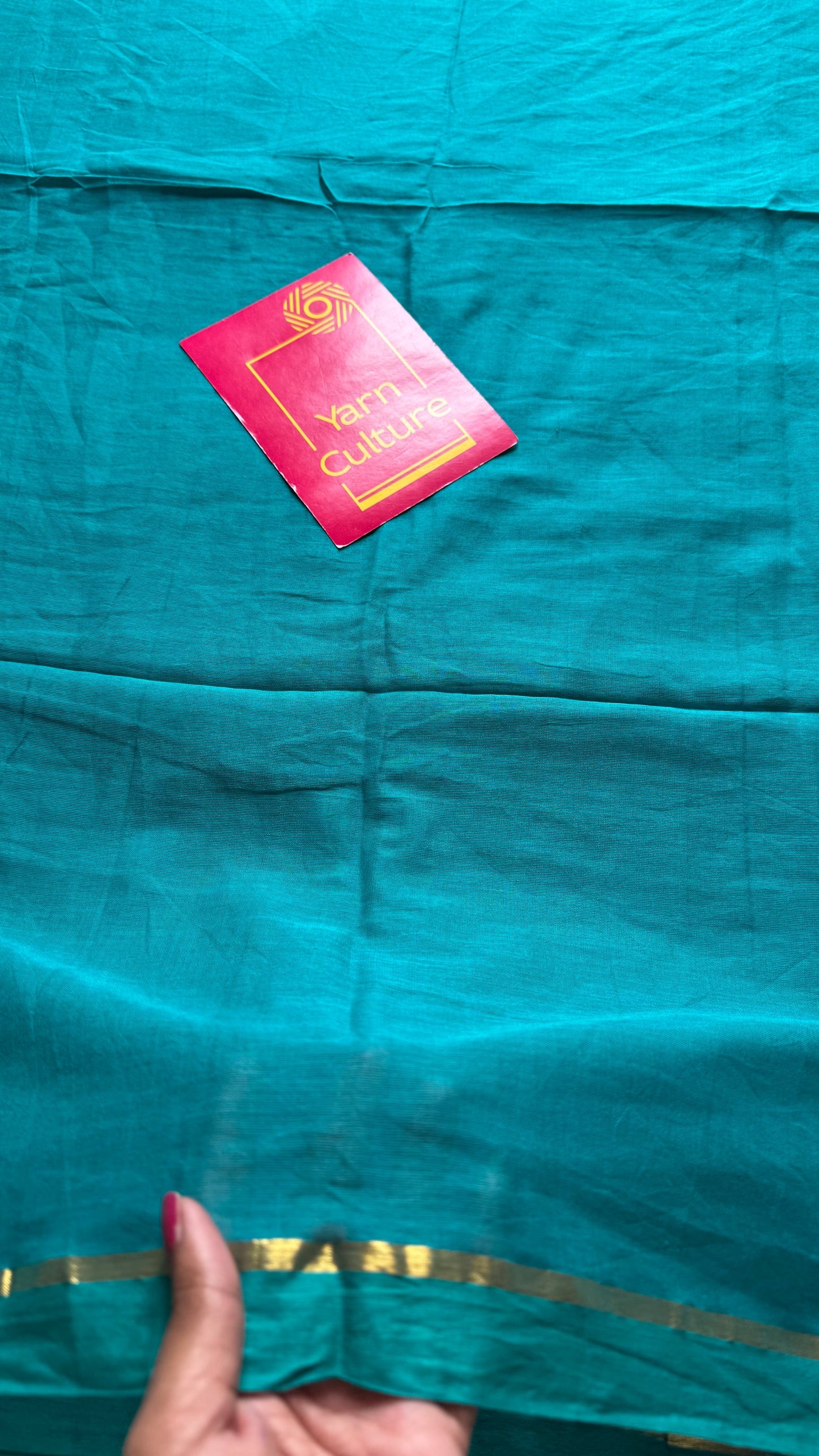 Cyan blue mul, thin antique gold zari gap border - YCBCMCLSE42