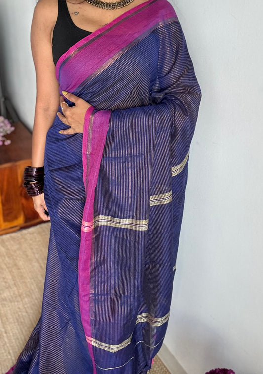 Dark blue with magenta gap border, gold zari stripes, soft cotton - YCBCKCZDE129