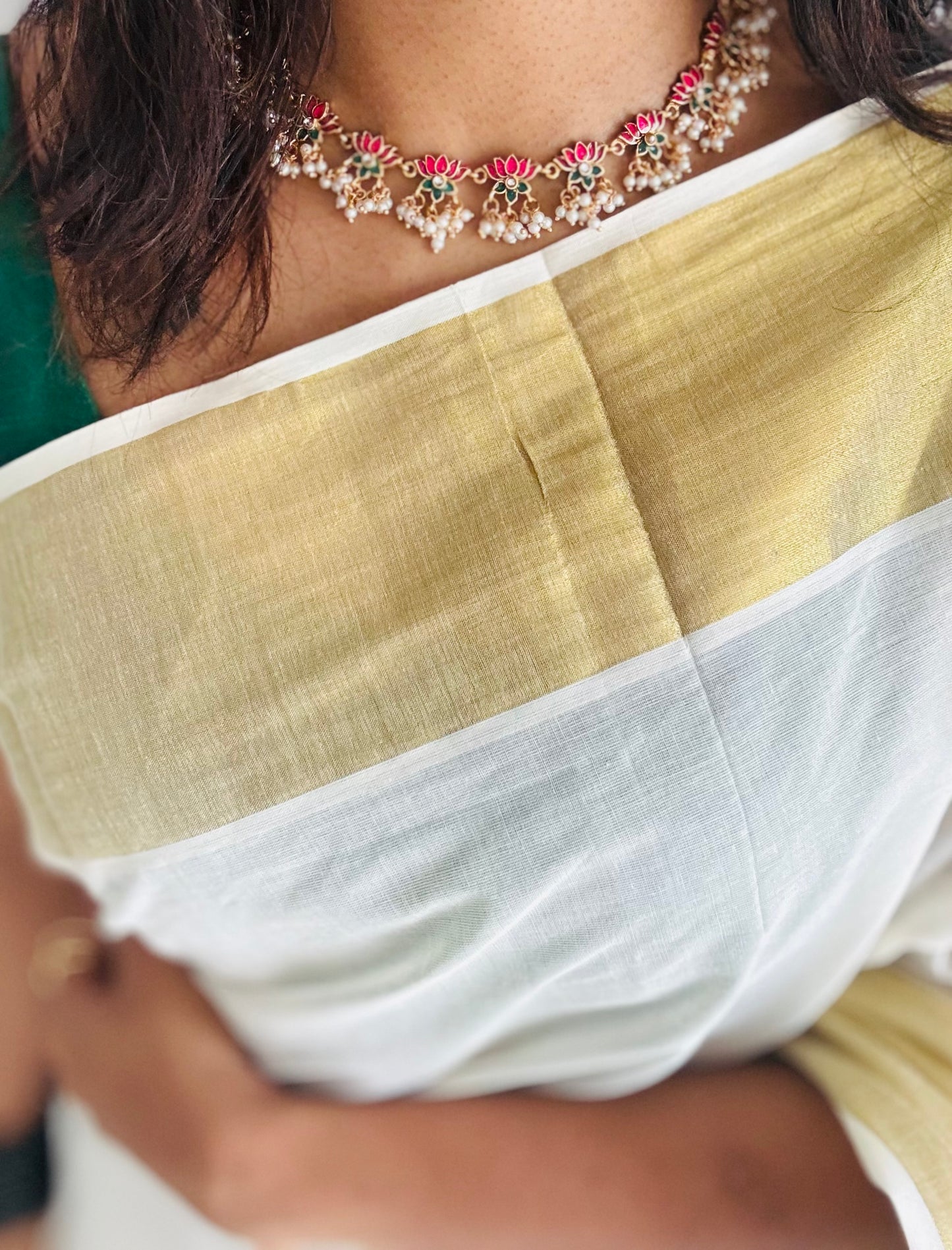 Pink and green lotus with pearl drops and earrings - YCAGC113