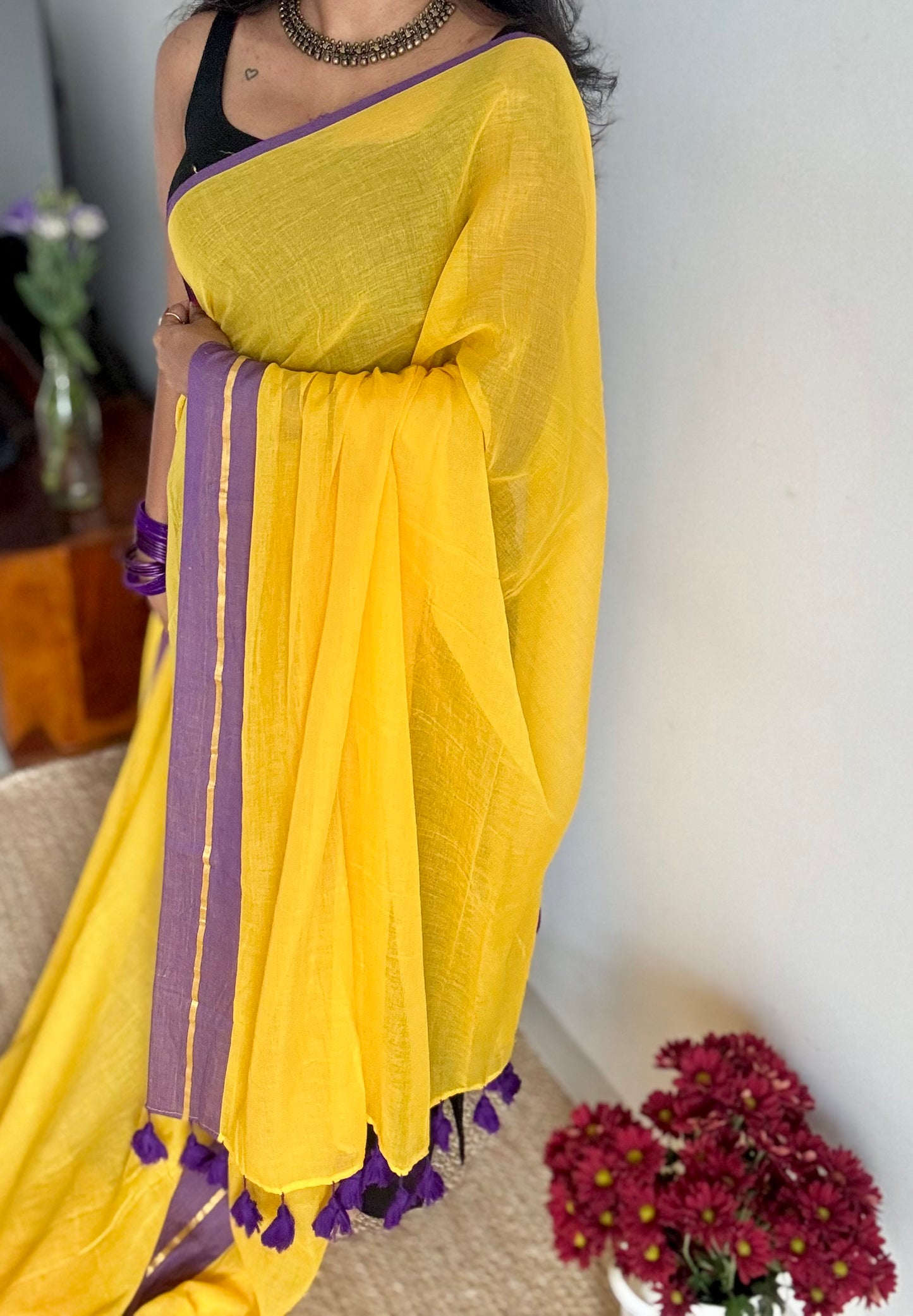 Yellow with purple border mul, thin antique gold zari gap border - YCBCMCLSE45