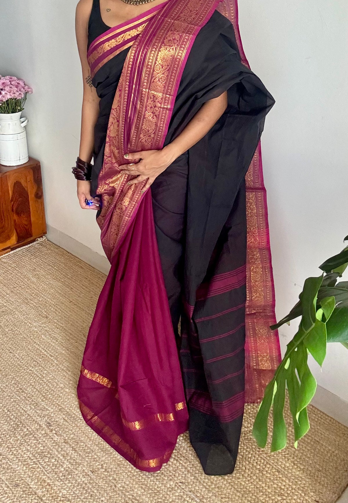 Black with purple pink (vadamalli), with sungudi and chettinad cotton half and half saree - YCCOTNIDOC128