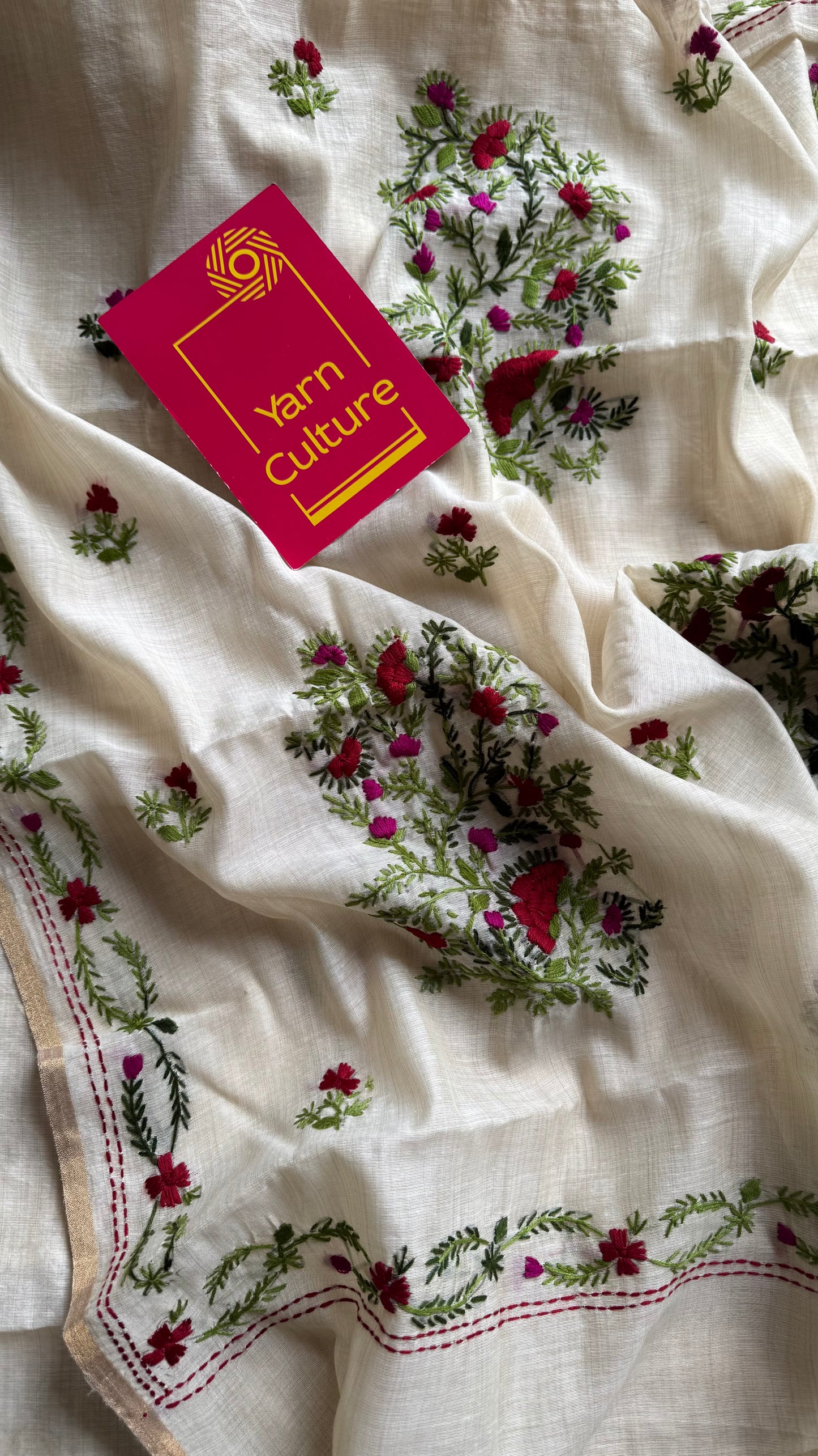 Ivory maheshwari cotton silk blend with red and magenta floral kantha threadwork - YCBLJULMK02