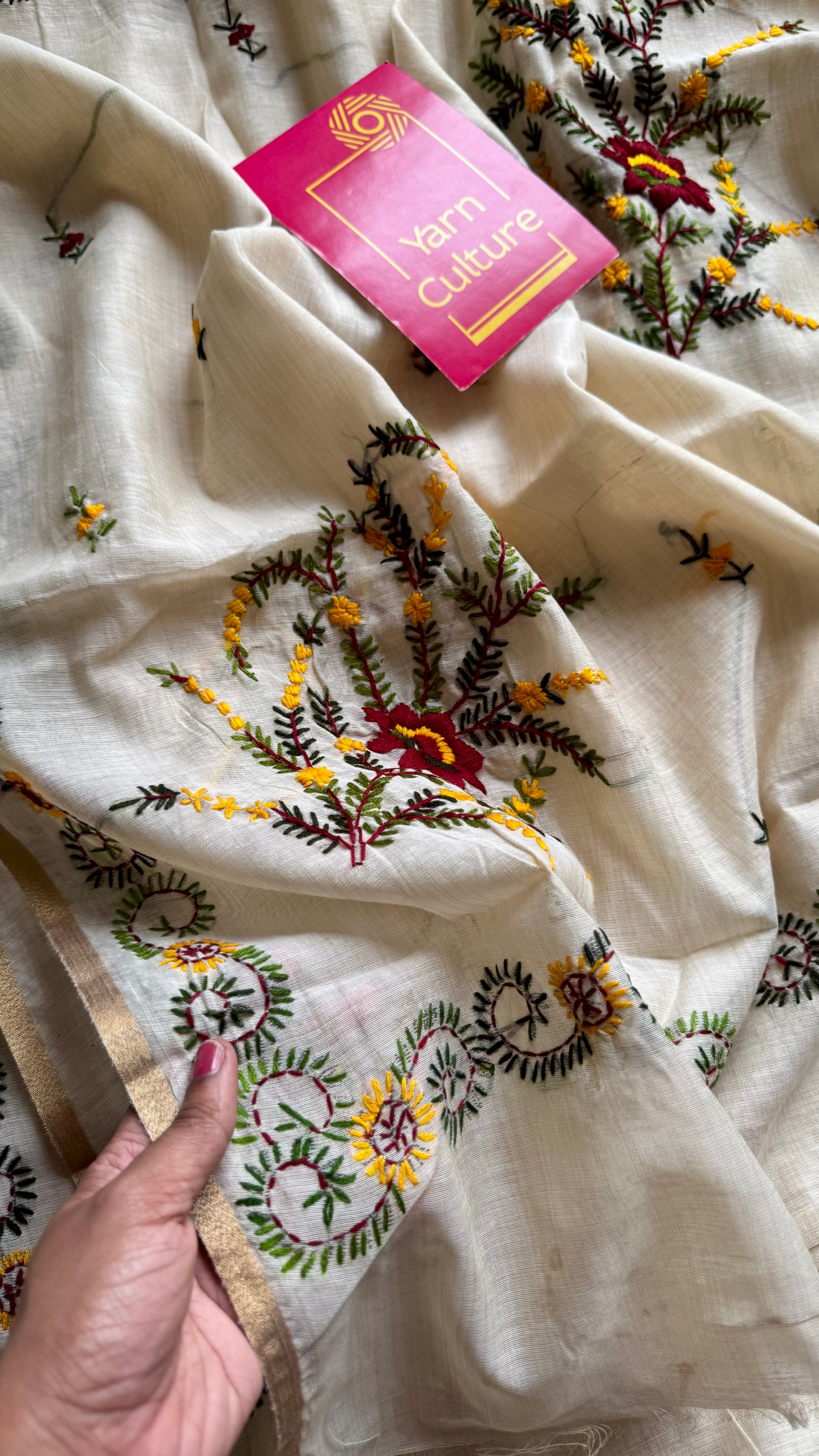 Ivory maheshwari cotton silk blend with maroon and yellow floral kantha threadwork - YCBLAUMK13
