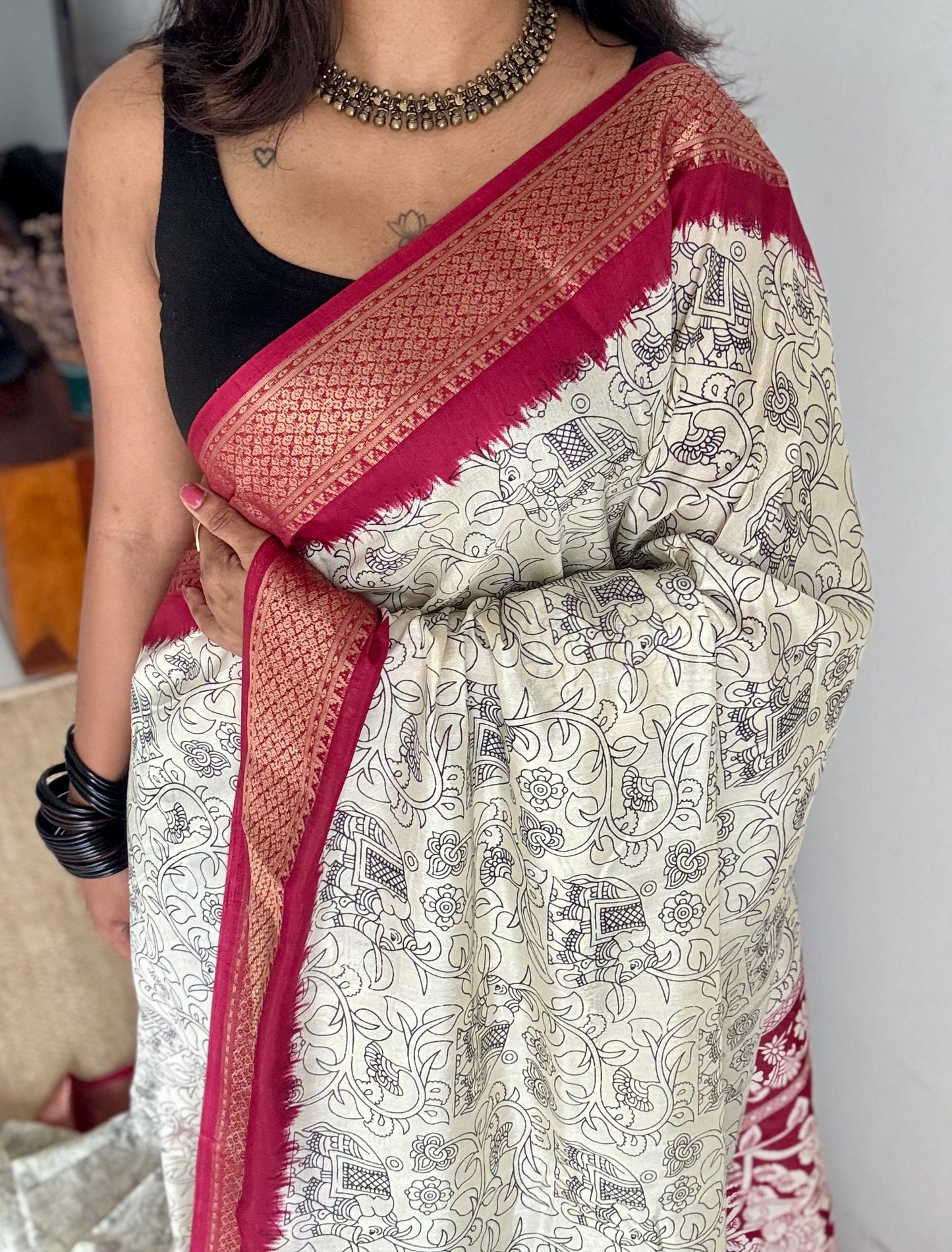 White and red contrast, printed kalamkari, semi-tussar - YCWOTDSTK03