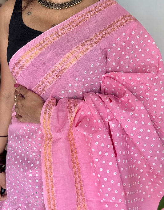 Pink, wax dot printed sungudi, kattuchayam dyed madurai cotton - YCCOTNMSAP154