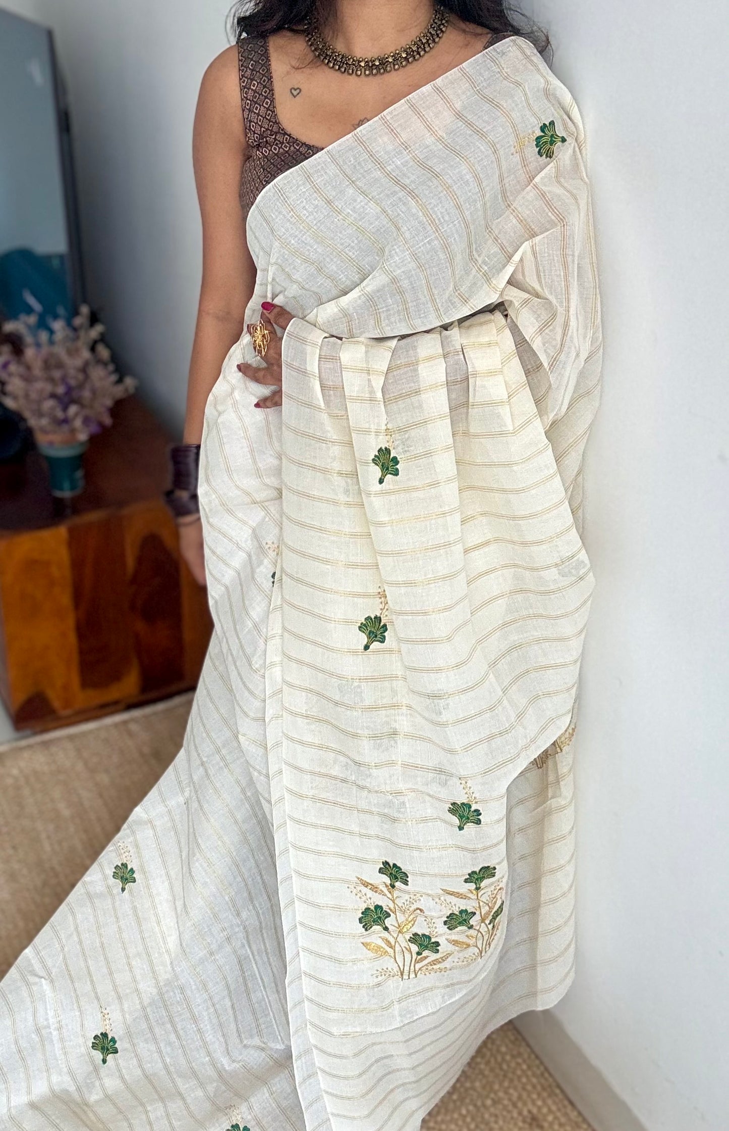 Ivory and gold with green flower embroidery, striped zari, kerala cotton - YCON25KCSFE260