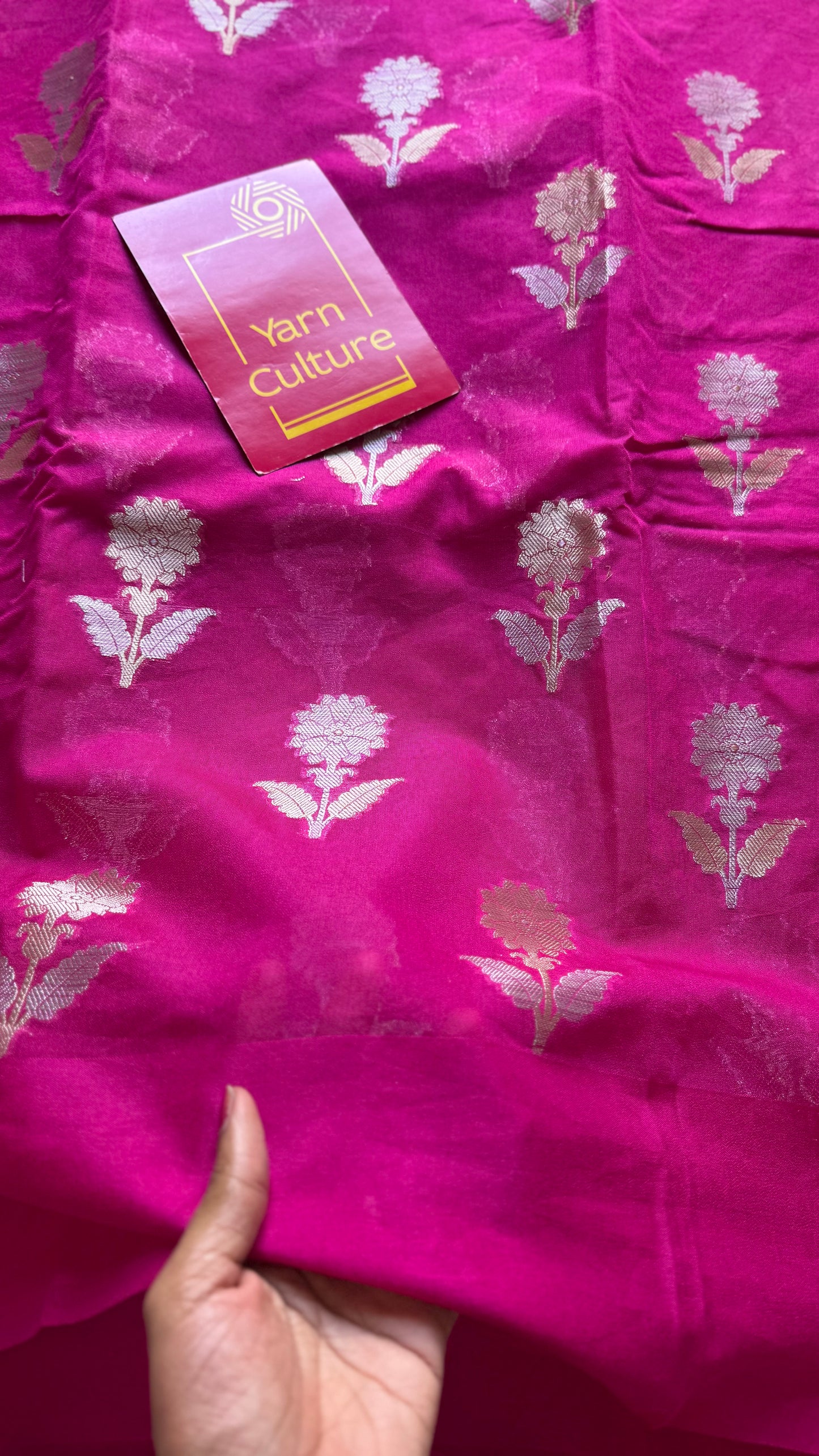 Rani pink with gold and silver floral buttas, Banarasi semi-crepe silk - YCDESE51