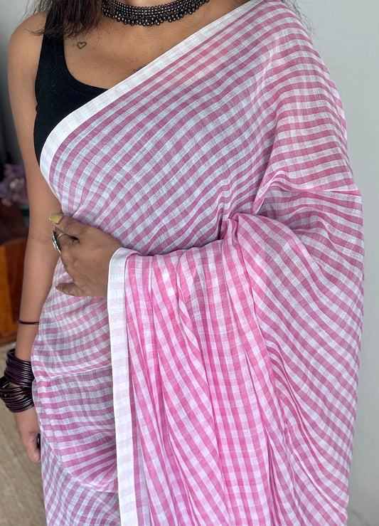 Light pink and white checkered mul cotton saree - YCBCMCCMA28