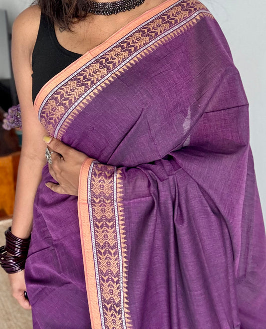 Dhonekhali handloom soft cotton saree, purple with musk coloured woven border - YCBCDFE262