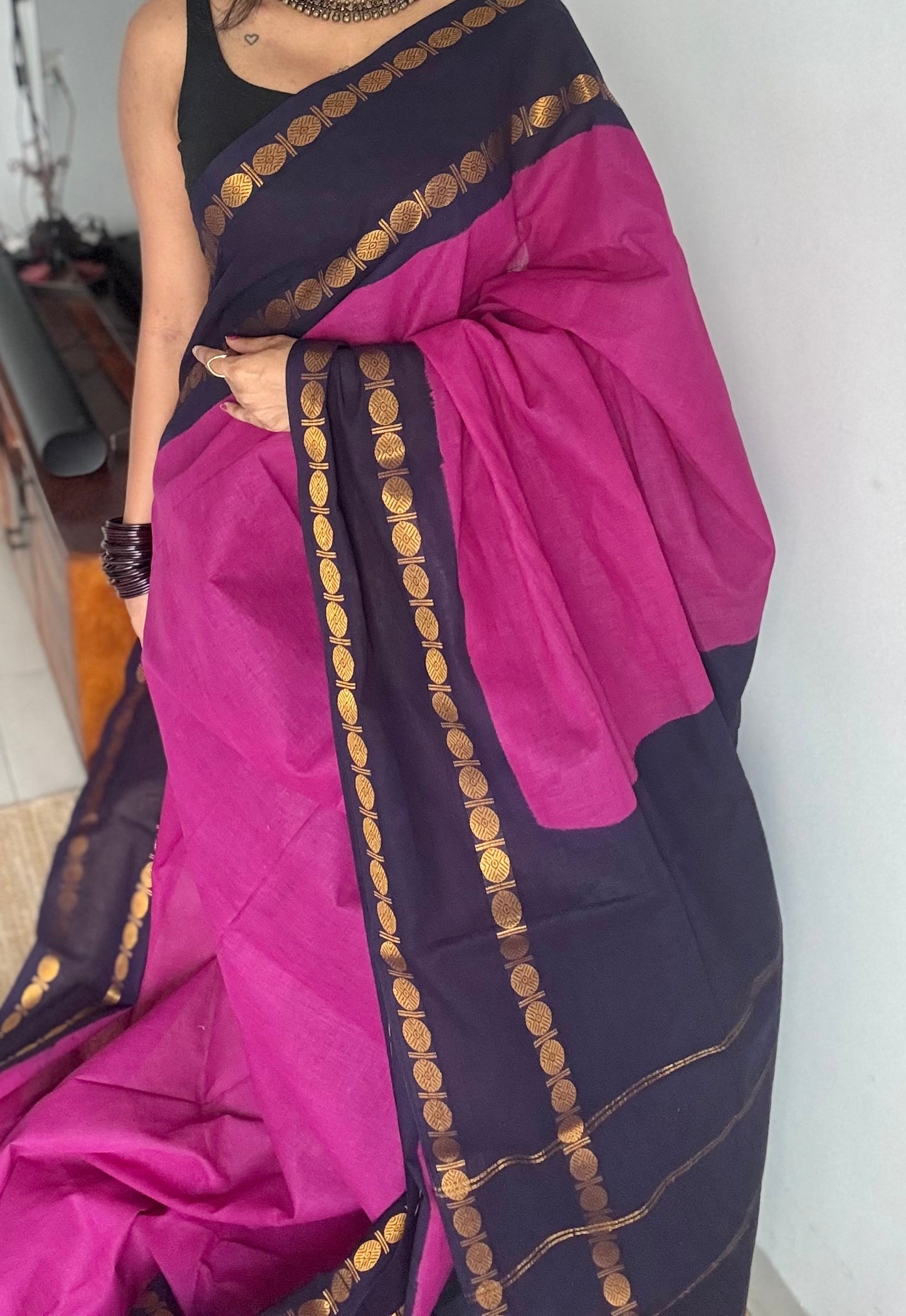 Purple pink with dark blue sungudi, kattuchayam dyed, madurai cotton - YCCOTNOCSC15