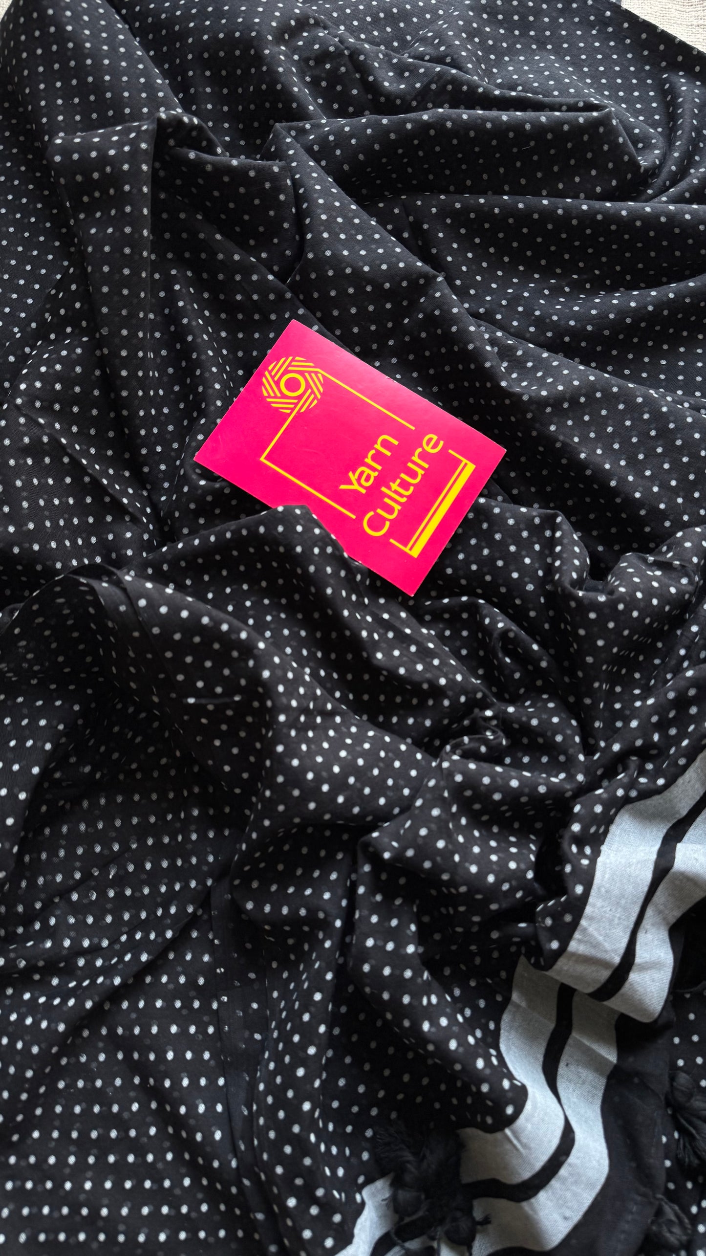 Black with white polka dots mul cotton saree - YCBCMCAP51