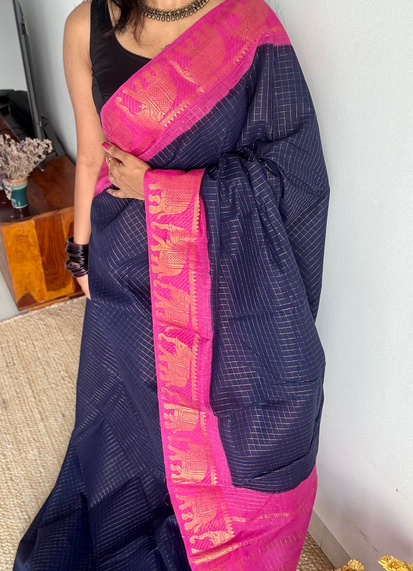 Dark blue with pink checkered sungudi, madurai cotton - YCCOTNOCSC20