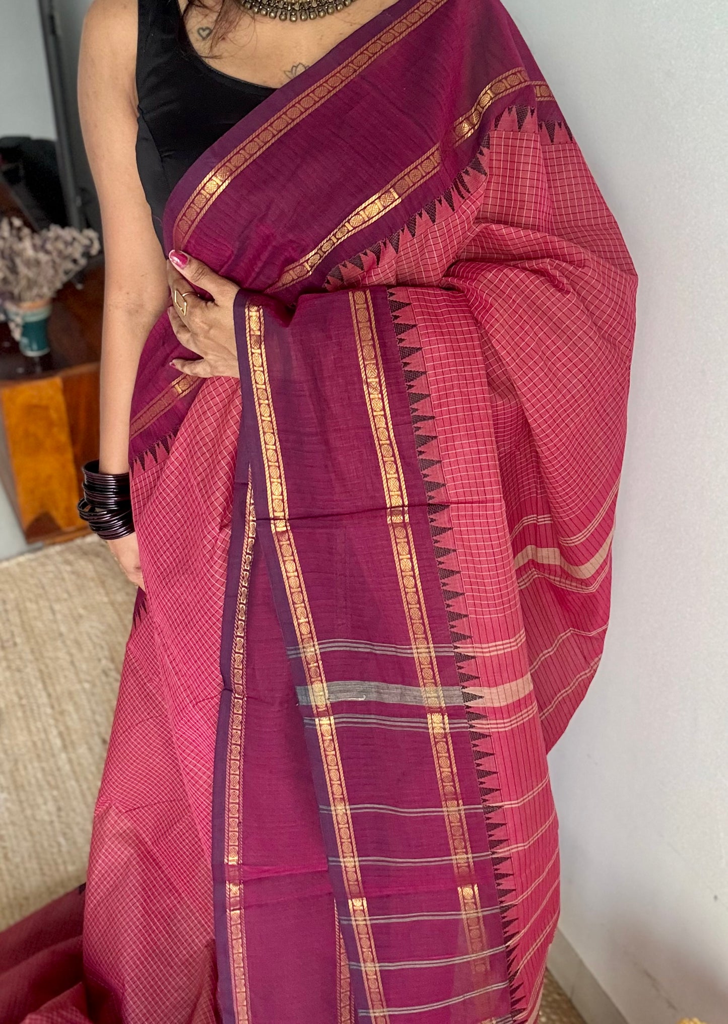 Dark pink with maroon border, temple motifs, checkered body, kanchi cotton - YCCOTNOCKC29