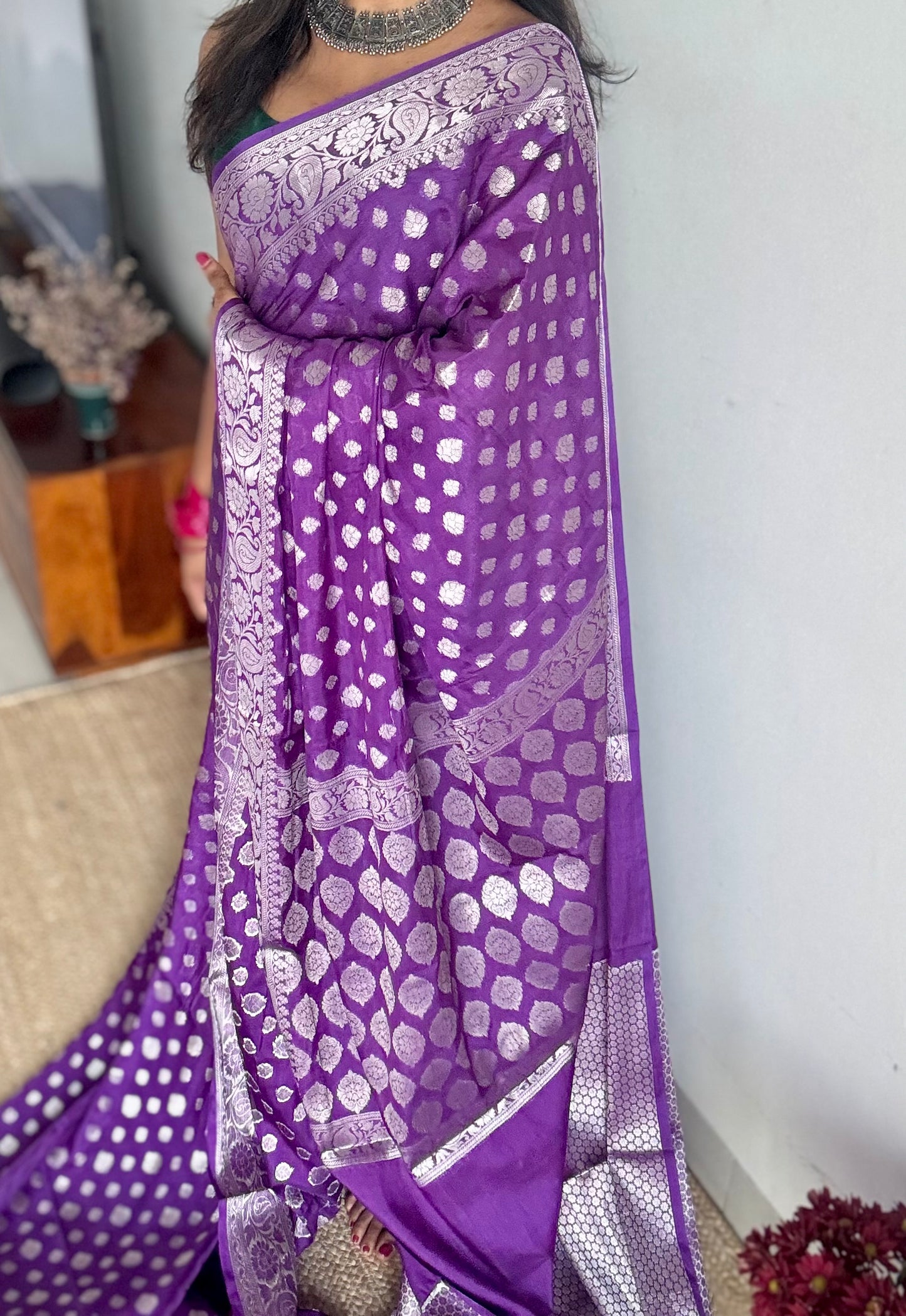 Purple, silver buttas and zari, Banarasi semi-silk - YCDESE44