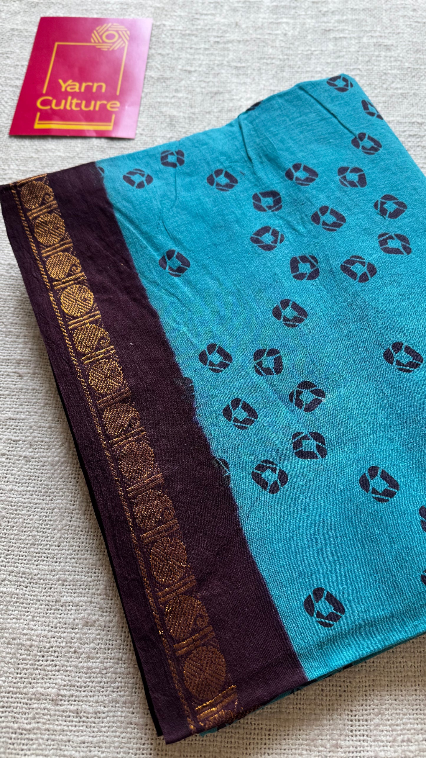Blue with brown, printed sungudi, madurai cotton - YCCOTNOCSC16