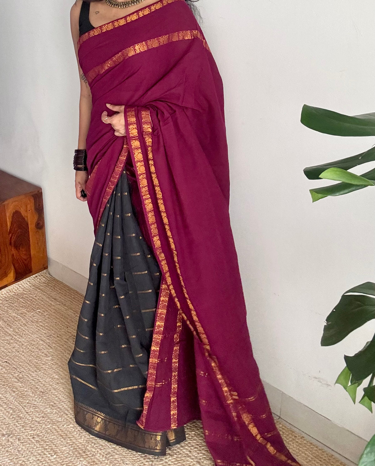 Purple pink (vadamalli) with black, sungudi cotton half-half saree - YCCOTNIDOC20
