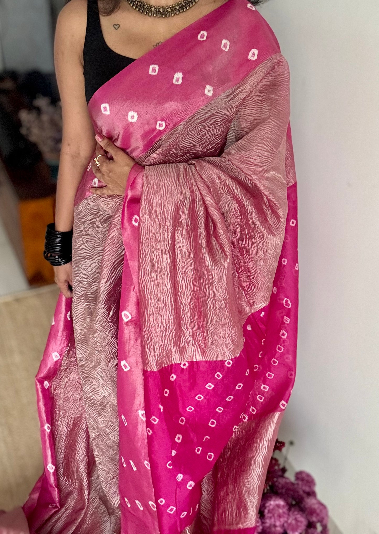 Hot Pink in crushed tissue, with bandhni borders in art silk - YCBLFE20